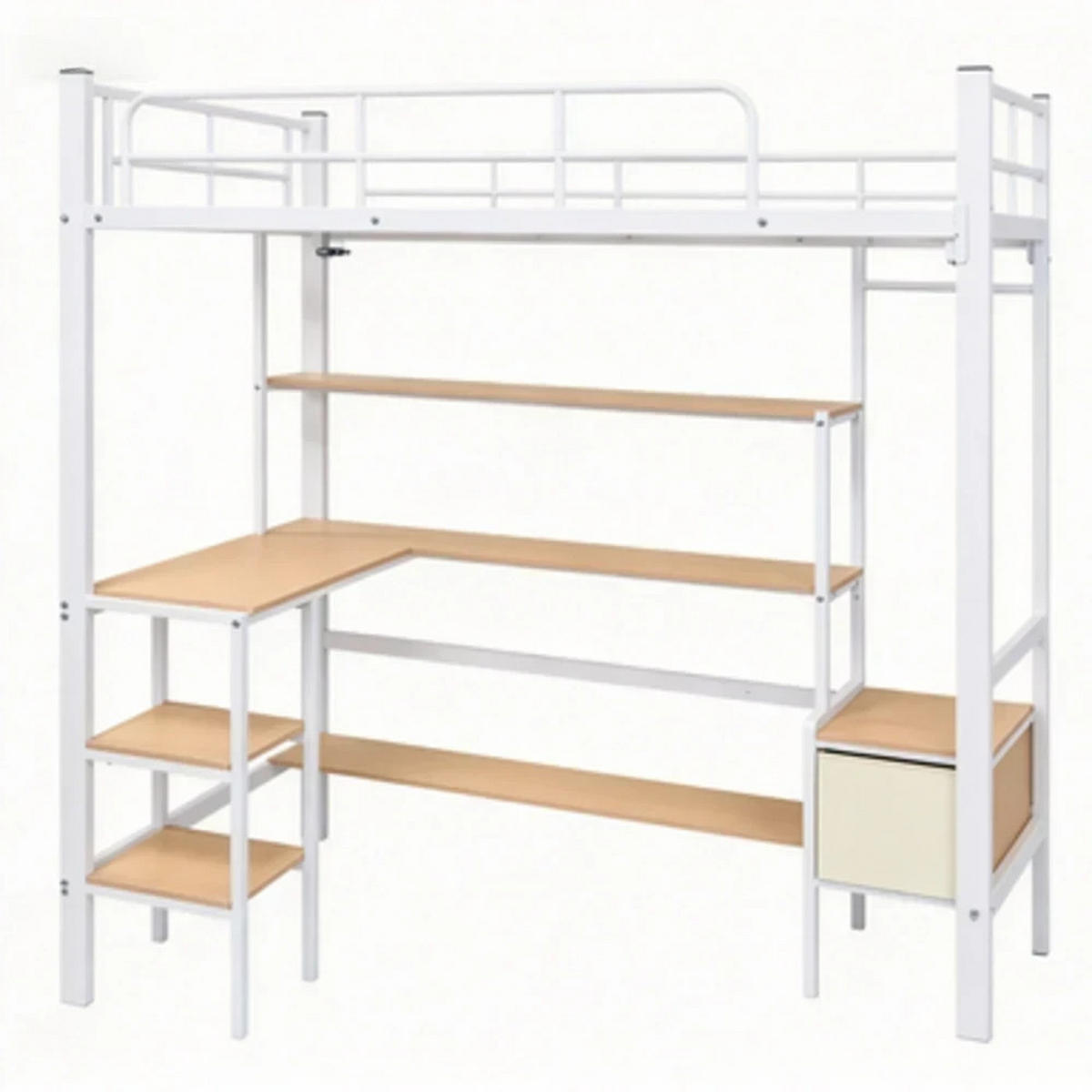HOCHBETT 90x200 cm aus Metall & Holz mit Schreibtisch und Aufbewahrung, weiß-natur - Weiß, Metall (90/200cm) - Luhomfu