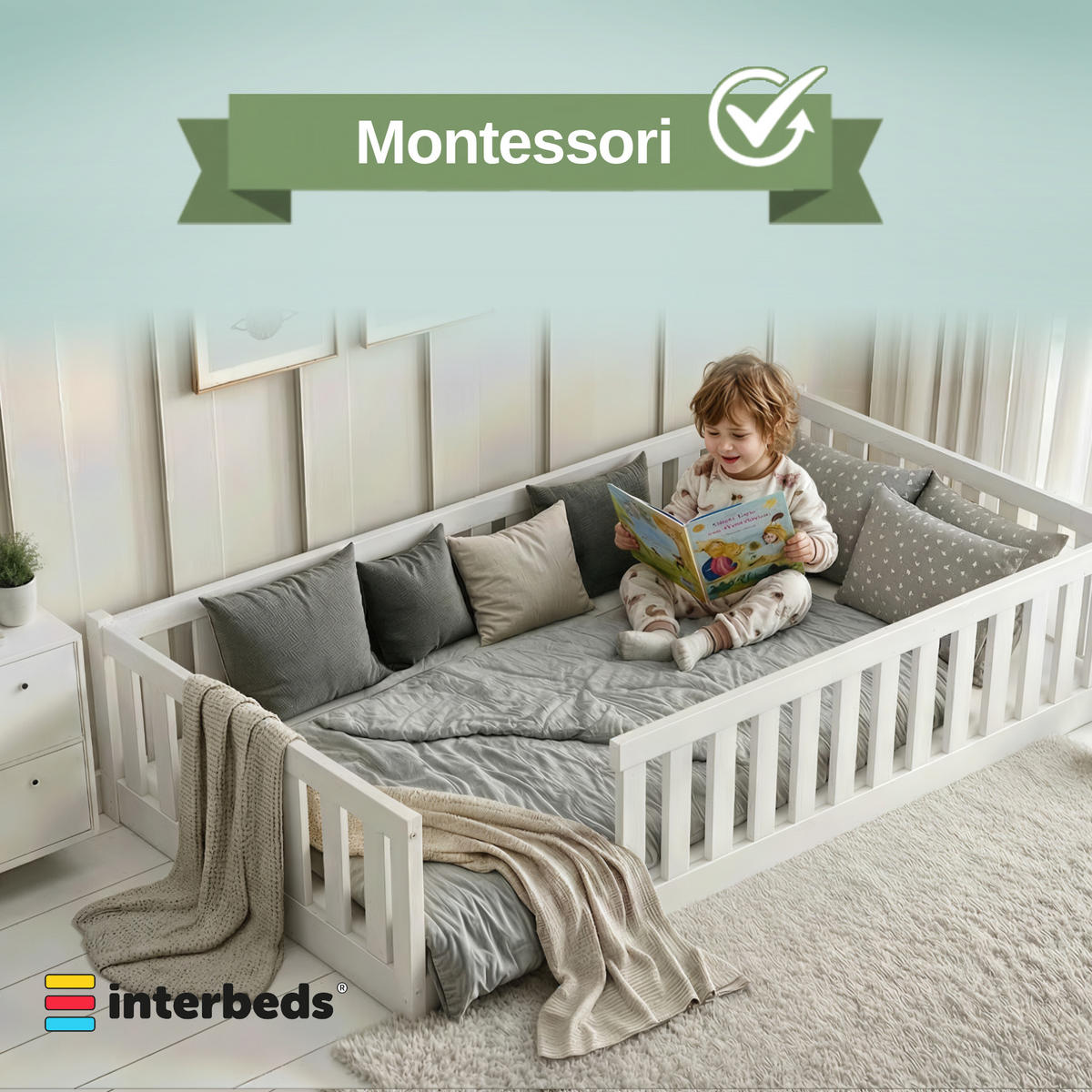 INTERBEDS Bodenbett Bella 120x200 mit Rausfallschutz & Lattenrost Kinderbett aus Holz - Weiß, Holz (120/200cm) - Interbeds
