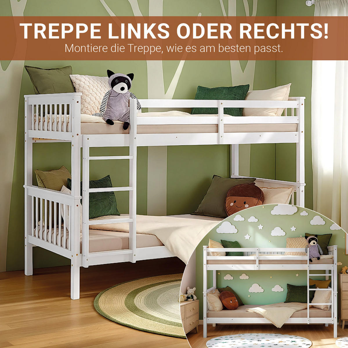 ETAGENBETT mit Lattenrost 90/200 cm Weiß - Weiß, Holz (90/200cm) - Homestyle4u