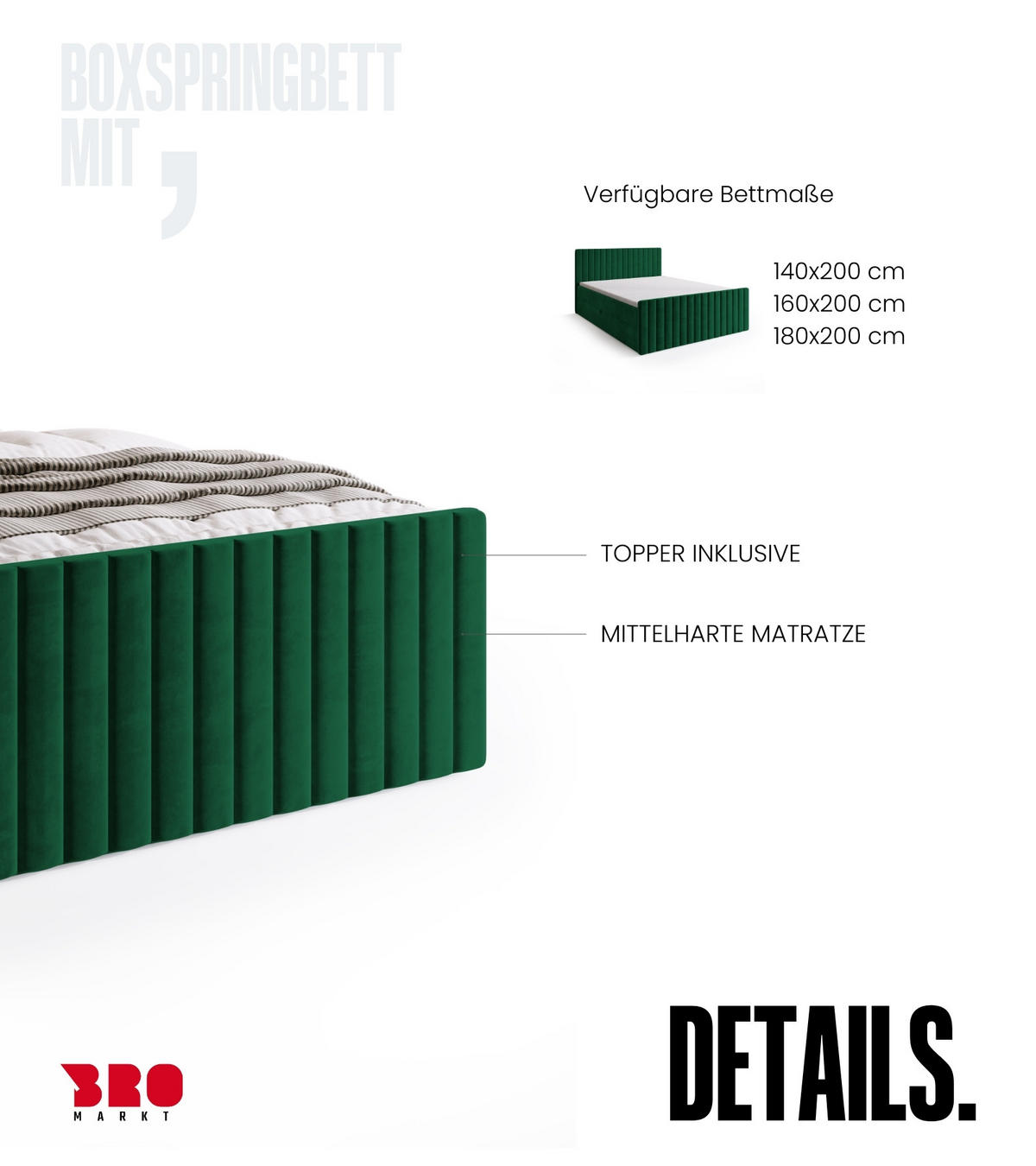 BOXSPRINGBETT Dream Duo mit Topper 160/200 Grün - Dunkelgrün, Kunststoff (160/200cm) - Bromarkt