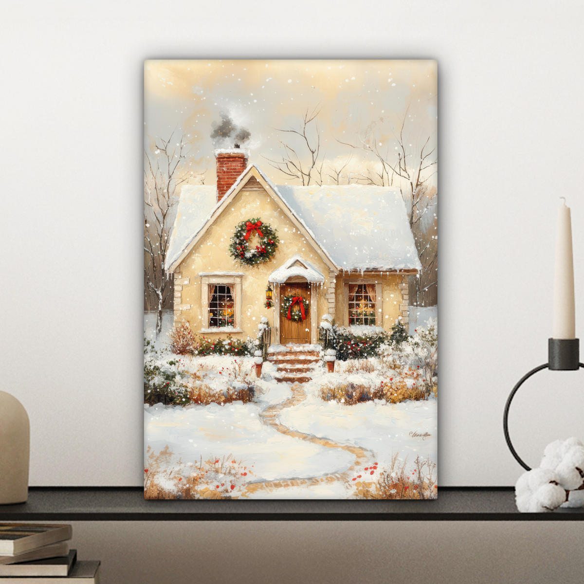 LEINWANDBILD Weihnachten - Zuhause - Winter - Schnee Deko Wohnzimmer 20x30 cm - Creme, Textil (20/30cm) - MuchoWow