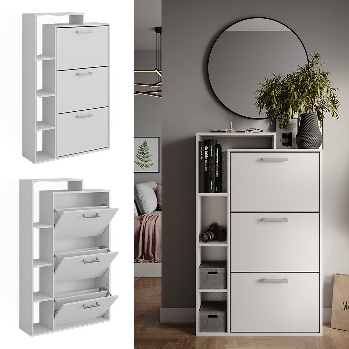 SCHUHKOMMODE Orlando Weiß 80 x 128.3 cm mit 3 Fächern - Weiß, Holzwerkstoff (80/128.3/24.2cm) - Vicco