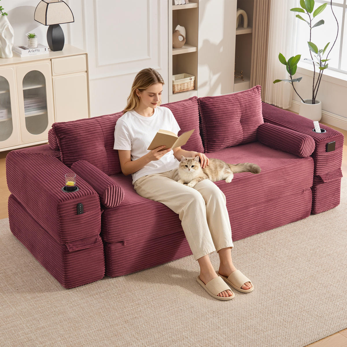 SCHLAFSOFA, 2-in-1 Klappsofa mit Getränkehalter, Modulares Bodensofa Cordstoff, Weinrot - Weinrot, Textil (232/80/98cm) - LVHOM