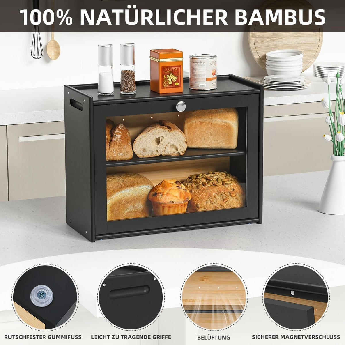 BROTKASTEN Bambus mit 2 Regalen und Sichtfenster 40 cm - Schwarz, Naturmaterialien (17.5/31/40cm)