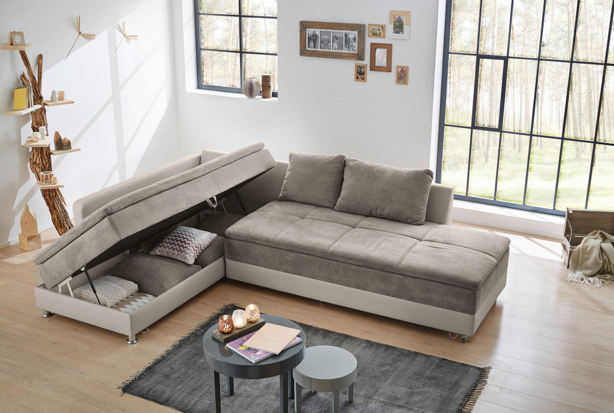 ECKSOFA-DAUERSCHLÄFER Doppelbett 306/223/95 cm Boxspring Federkern Topper, Schwenkteil rechts, Kunstleder Beige+Mikrofaser Grau Braun / 15102 - Chromfarben/Beige, Textil/Metall (306/223cm) - luma-home
