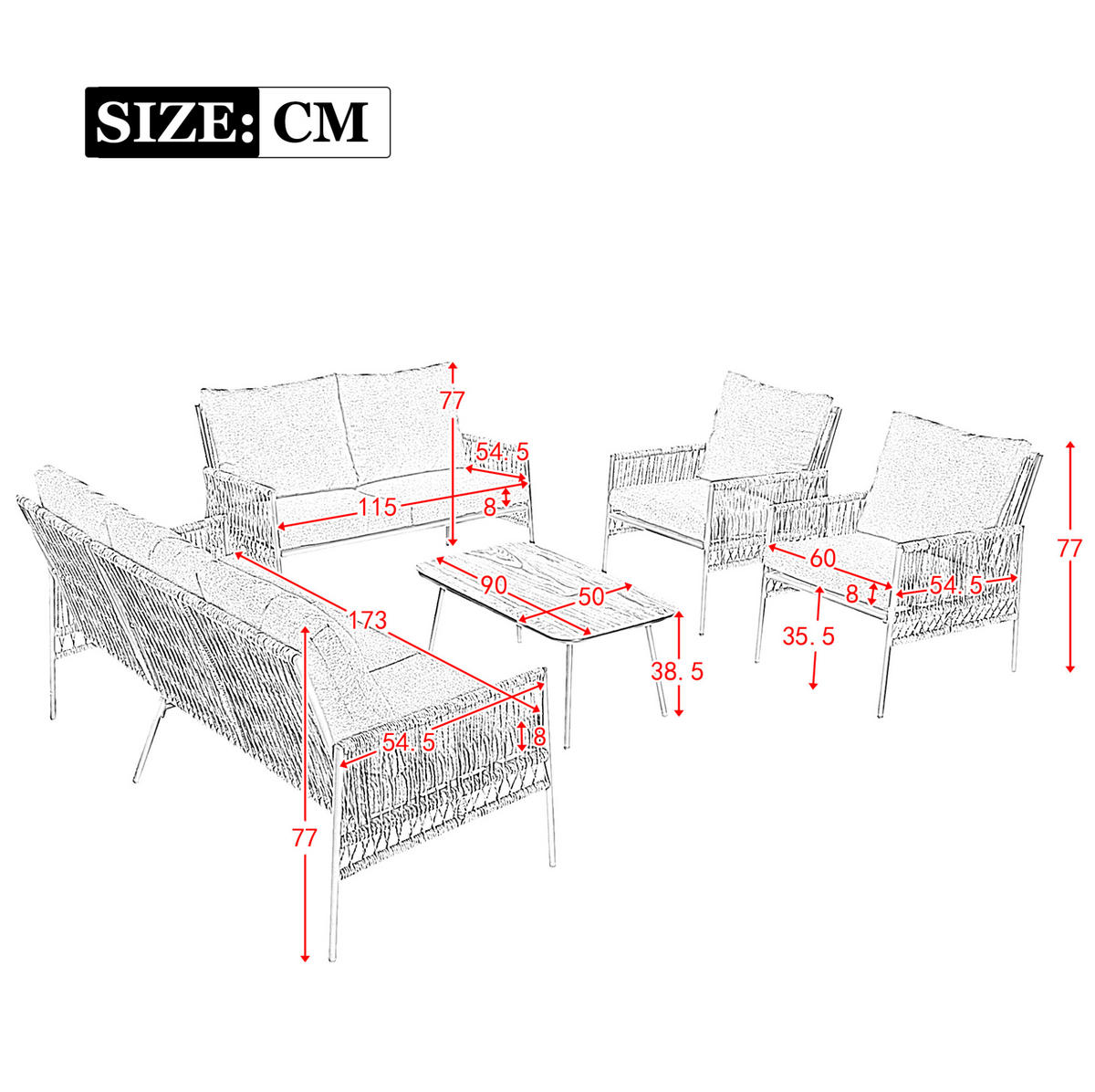 LOUNGE-SET 173/54/77 cm grau aus PE-Rattan mit Tisch und waschbaren Kissen - Grau, Metall - OKWISH