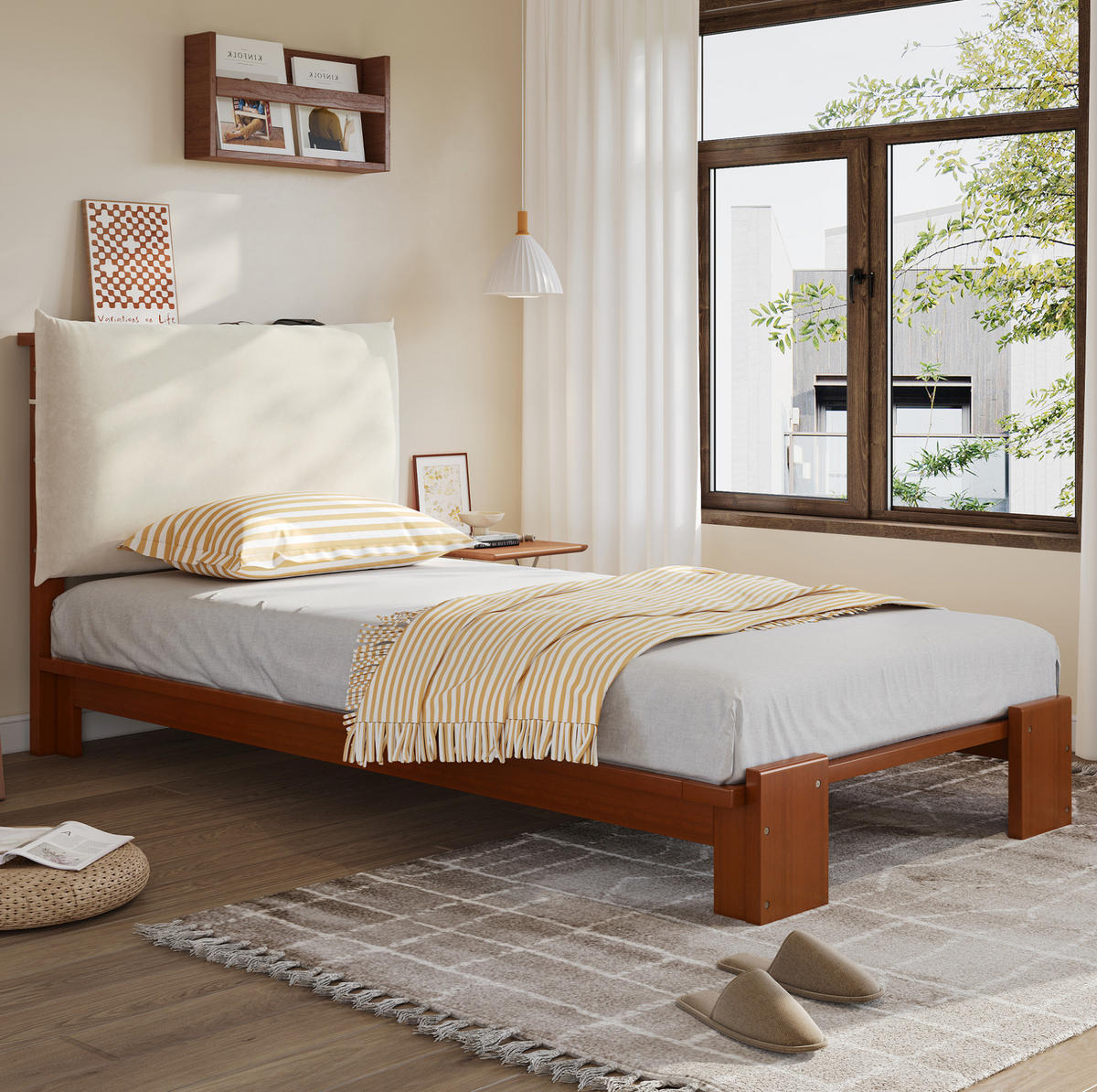 POLSTERBETT 90/200 cm Dunkelbraun aus Holz und Stoff mit gepolsterter Rückenlehne - Braun, Textil (90/200cm) - OKMYHOME