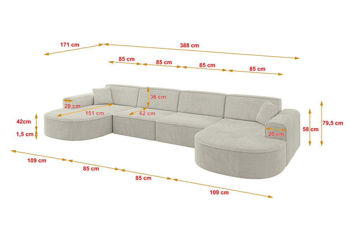 WOHNLANDSCHAFT MARI-U2 - 388x171x79 cm Hellgrau Cord - Hellgrau/Schwarz, Holzwerkstoff/Kunststoff (388/79/171cm) - ALTDECOR