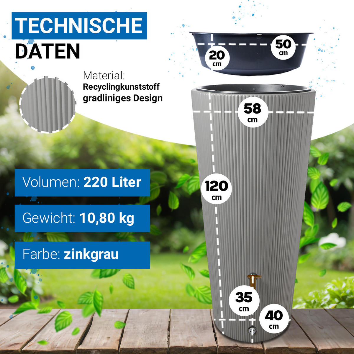2IN1 Regentonnen Komplett-Set 220 L zinkgrau inkl. Kunststoff-Auslaufhahn und Fallrohranschluss - Hellgrau, Kunststoff (58/120/58cm) - 4rain