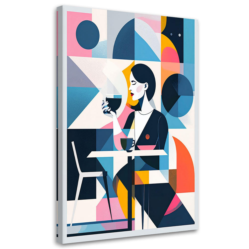LEINWANDBILD Frau mit Kaffee im Bauhaus-Stil 60x90cm - Multicolor, Textil (60/90cm) - Feeby