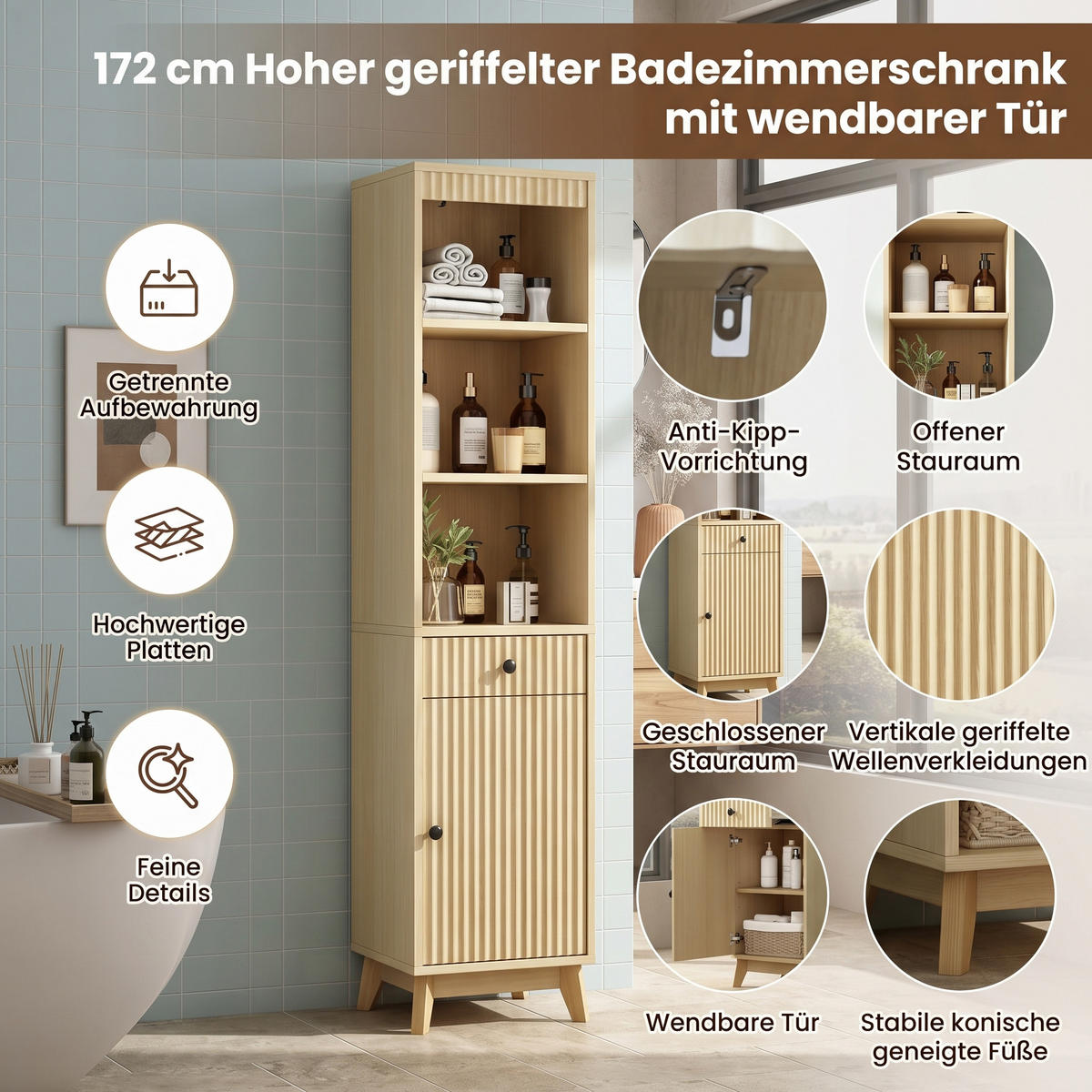 BAD-HOCHSCHRANK Naturholz mit geriffelter Front - Naturfarben, Holzwerkstoff (40/172/36cm) - Urban Meuble