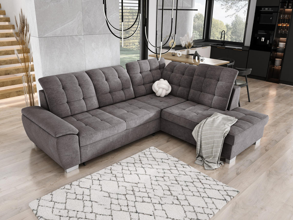 ECKSOFA LOTTA L-förmig Bettkasten verstellbare Kopfstützen hochwertige Verarbeitung lose Rückenkissen freistehend RECHTS 258x212x106 cm Light Grey - Hellgrau, Holz/Textil (258/212cm) - DomoHome