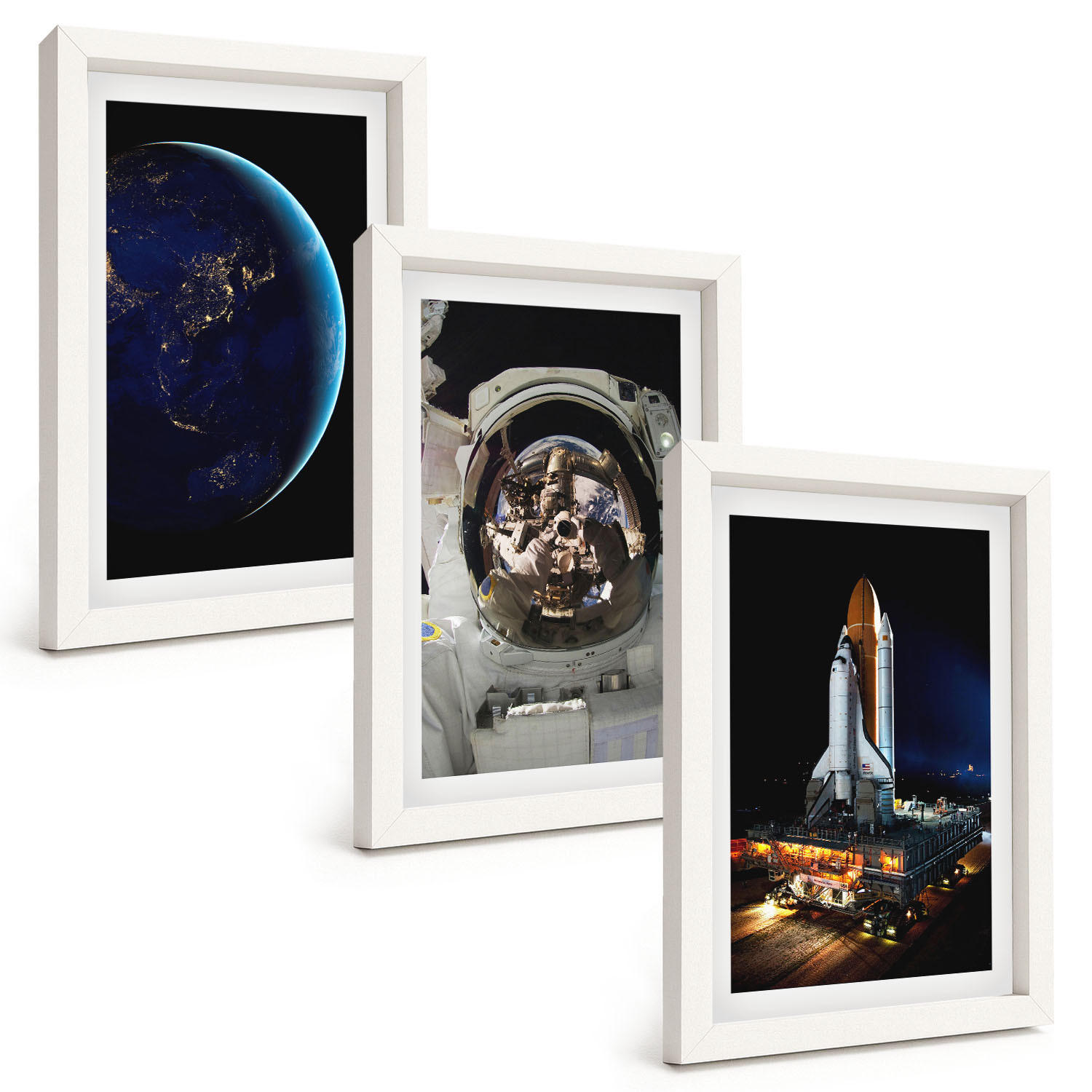 BILDER SET 3er Set - 20x30 cm Weißer Rahmen - Weltraum Erde Astronaut Rakete - Weiß, Kunststoff (20/30cm) - TULUP