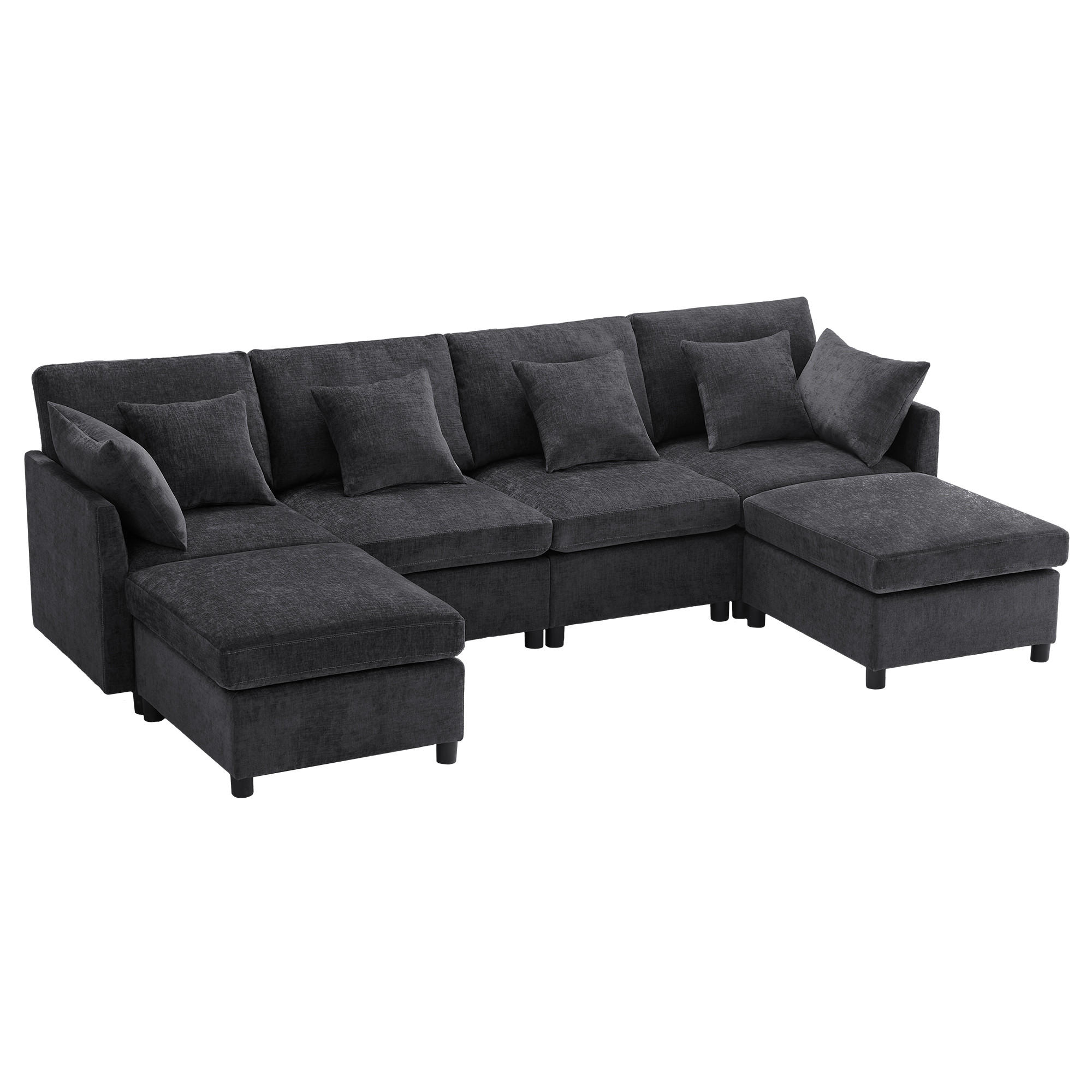 ECKSOFA mit 2 Hockern, 6 Kissen und modularer Gestaltung aus Chenille - Grün, Textil (278/161cm) - EVRYAE