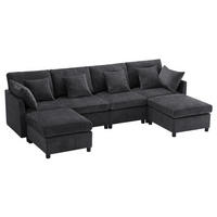 ECKSOFA mit 2 Hockern, 6 Kissen und modularer Gestaltung aus Chenille - Grün, Textil (278/161cm) - EVRYAE