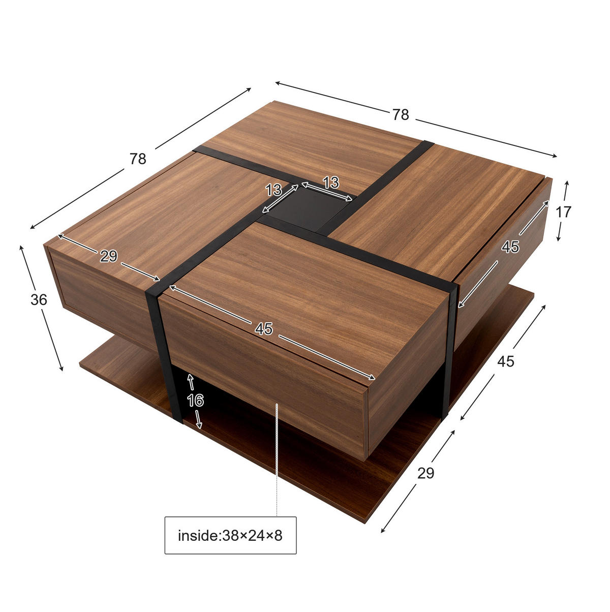COUCHTISCH aus Spanplatte 78x78x36 cm Schwarz und Holz mit 4 Schubladen und Ablage - Naturfarben, Holzwerkstoff (78/78/36cm) - IVMEU
