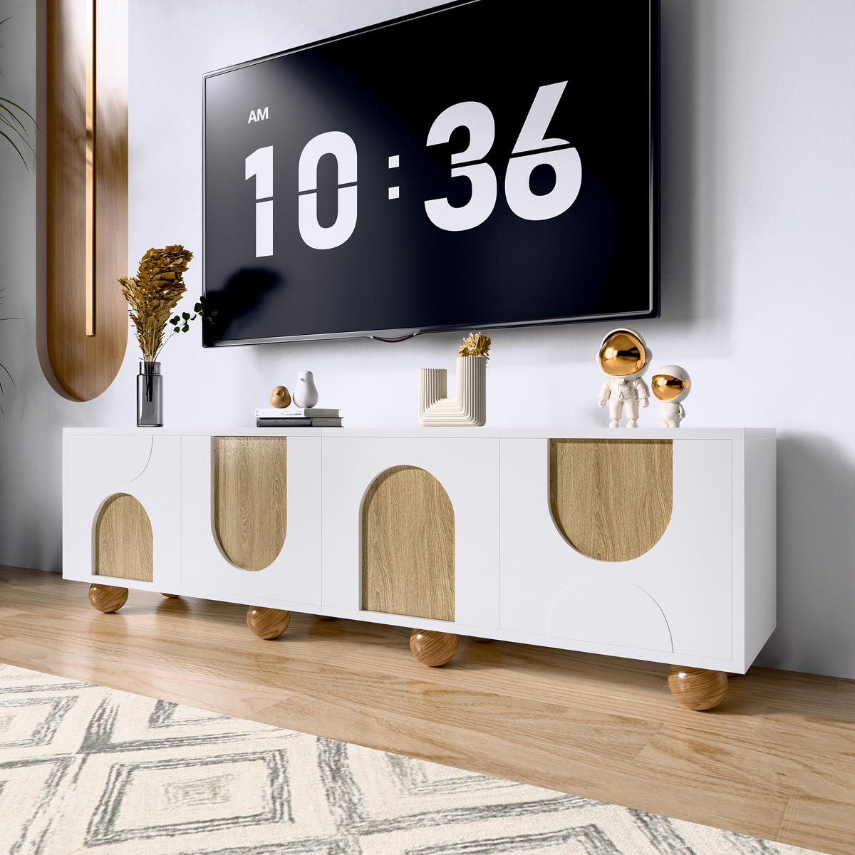 LOWBOARD in Naturfarben und Weiß TV-Schrank mit vier Türen für Wohnzimmer, B175/T38/H50 cm - Naturfarben/Weiß, Holzwerkstoff/Metall (175/50/38cm) - STILVORA