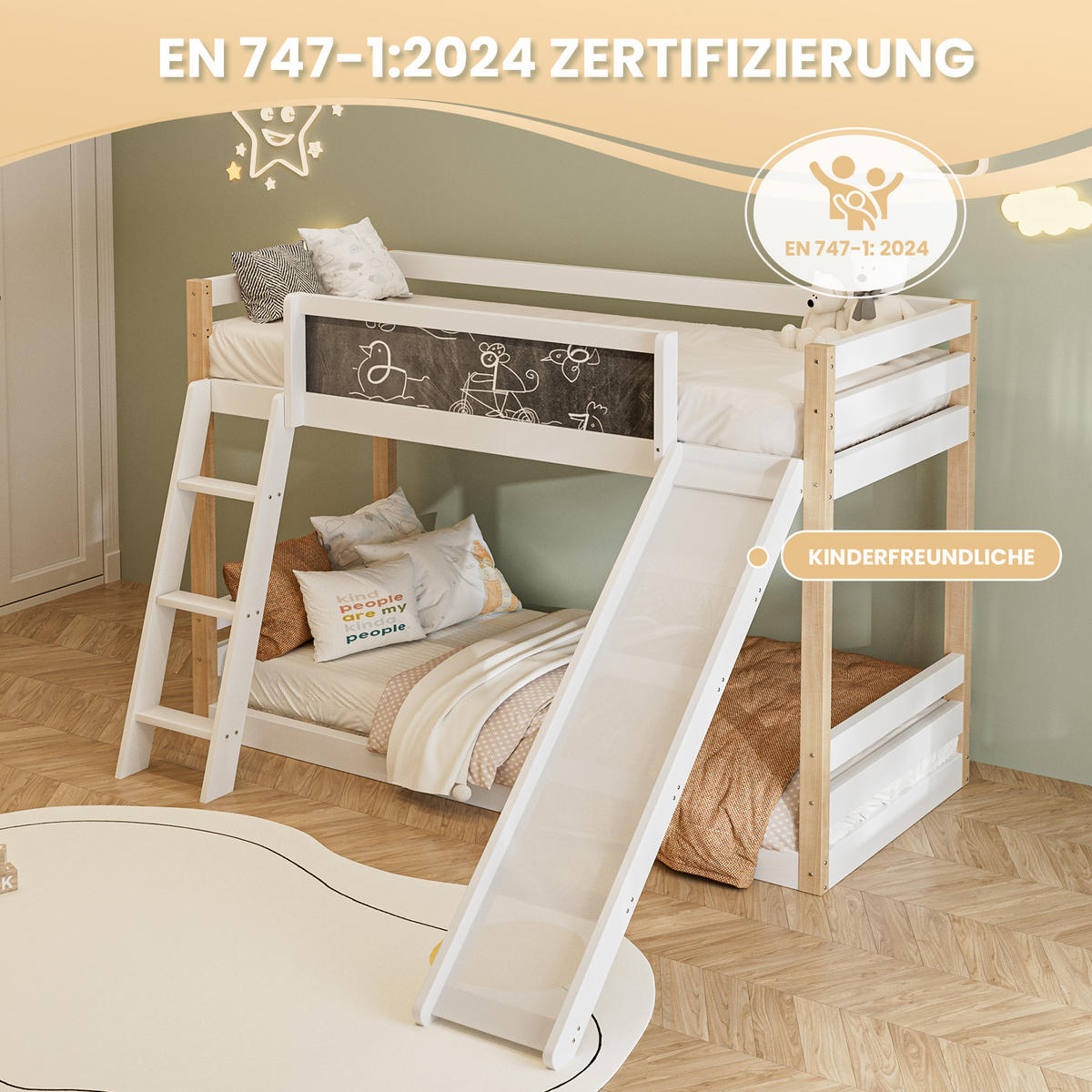 ETAGENBETT 90/200 cm & 90/190 cm in Weiß mit Rutsche, Treppe und Tafel Holz - Weiß, Holz/Holzwerkstoff (90/200cm) - CHICFURN