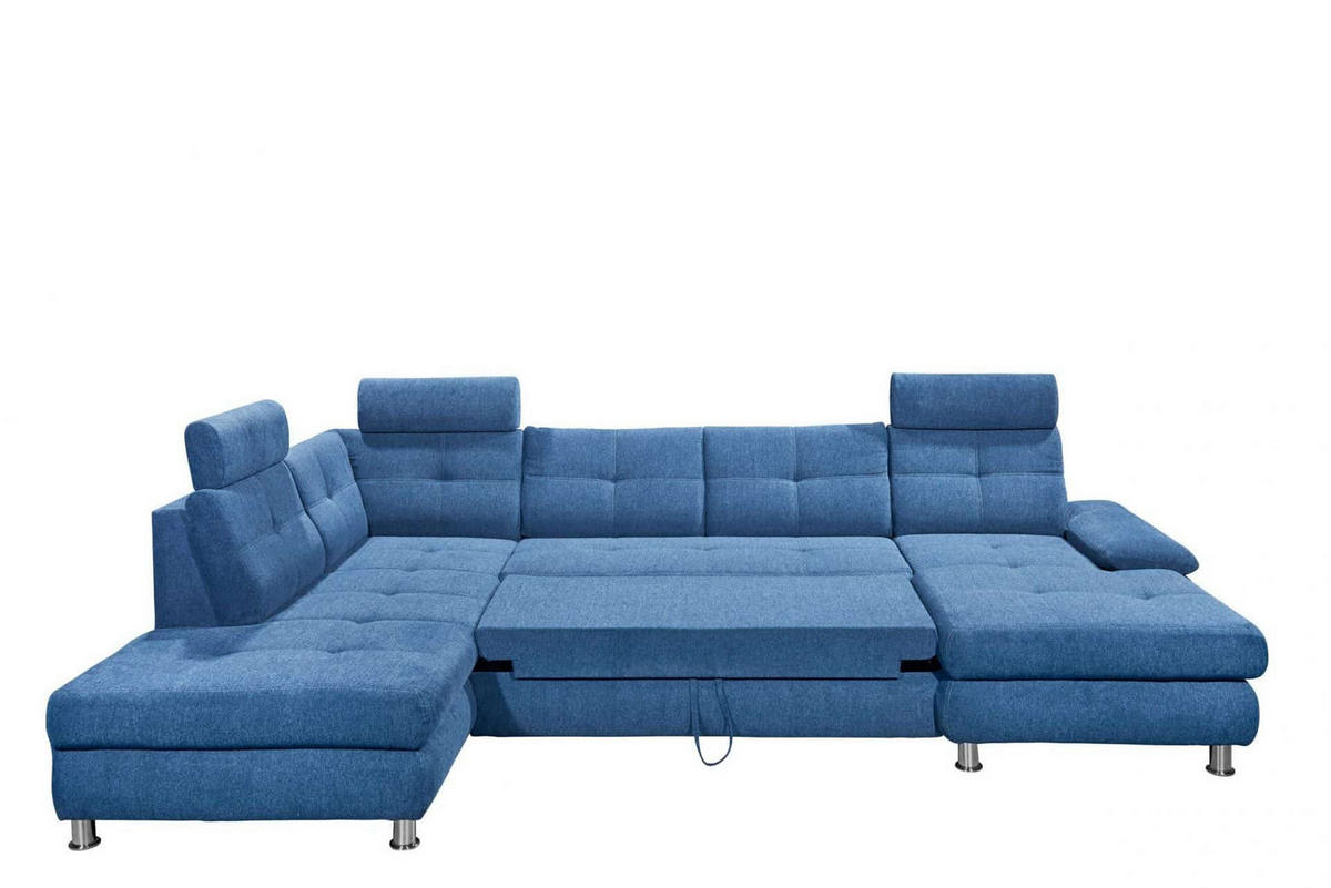 WOHNLANDSCHAFT mit Schlaffunktion, Bettkasten und verstellbaren Arm- und Kopflehnen - Chromfarben/Blau, Textil/Metall (349/88/233cm) - ed exciting design