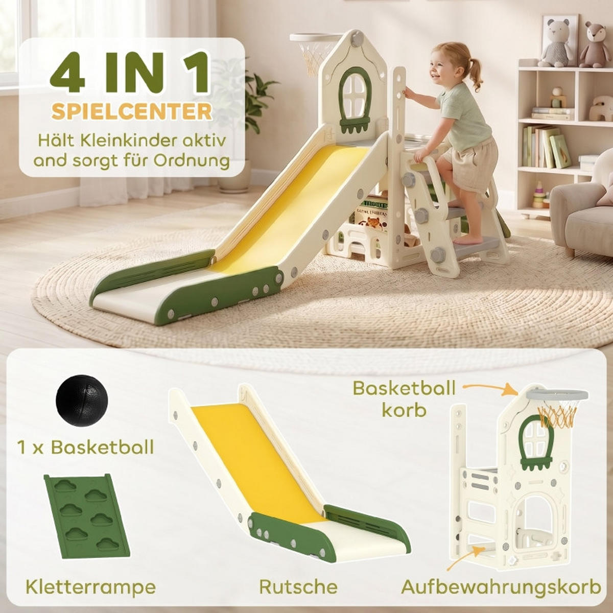 KINDERRUTSCHE 4-in-1 und Basketballkorb faltbar für 1–3 Jahre Cremeweiß - Ecru, Kunststoff (100/84/191cm) - Korfee