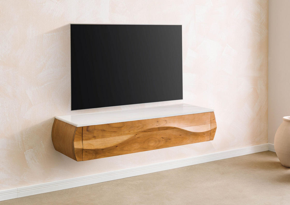 LOWBOARD Akazie 124x40x25 natur lackiert / Marmor weiß MONTREAL #132 - Naturfarben, Holz (124/25/40cm) - Massivmoebel24
