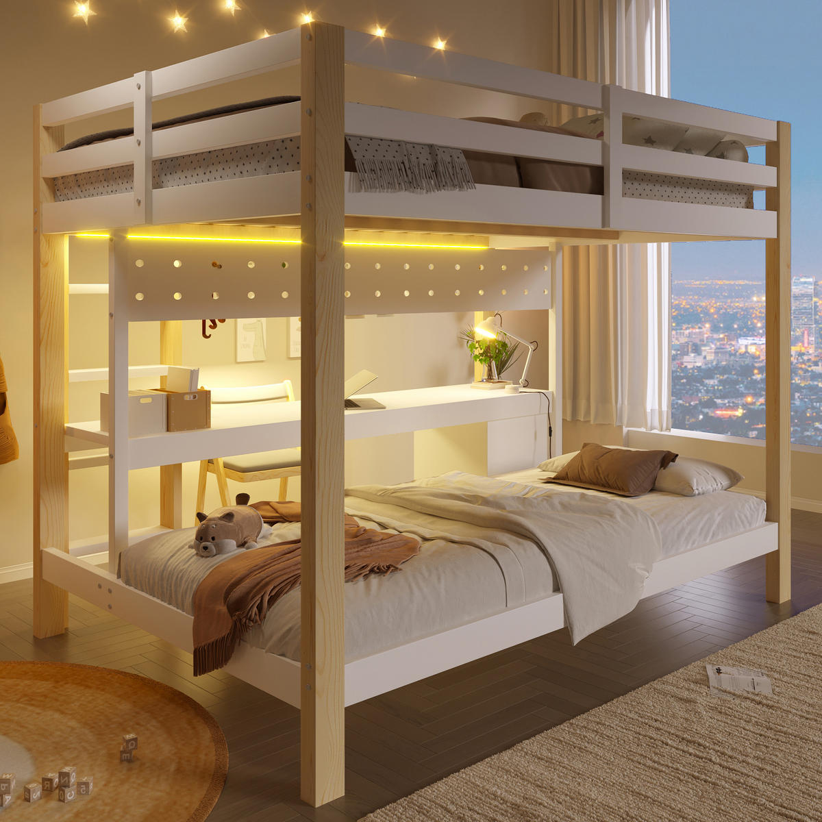 HOCHBETT 90/200 cm & 140/200 cm in Natur/Weiß mit Schubladen, Schreibtisch, Lochplatte und LED - Weiß/Naturfarben, Holz/Holzwerkstoff (140/200cm) - CHICFURN