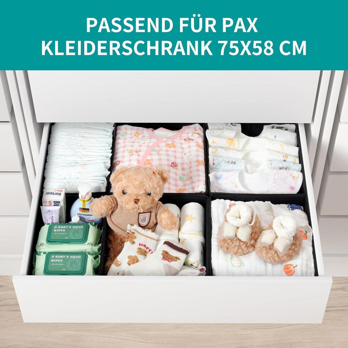 SCHUBLADEN Organizer 6er Set Schwarz für PAX Schrank 75x58 cm - Schwarz, Textil (28/12/28cm)