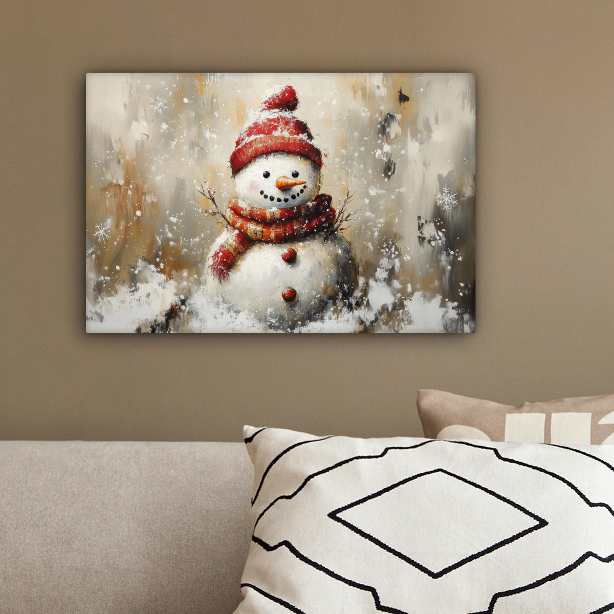 LEINWANDBILD Schneemann - Winter - Schnee - Beige 30x20 cm - Weiß, Textil (30/20cm) - MuchoWow