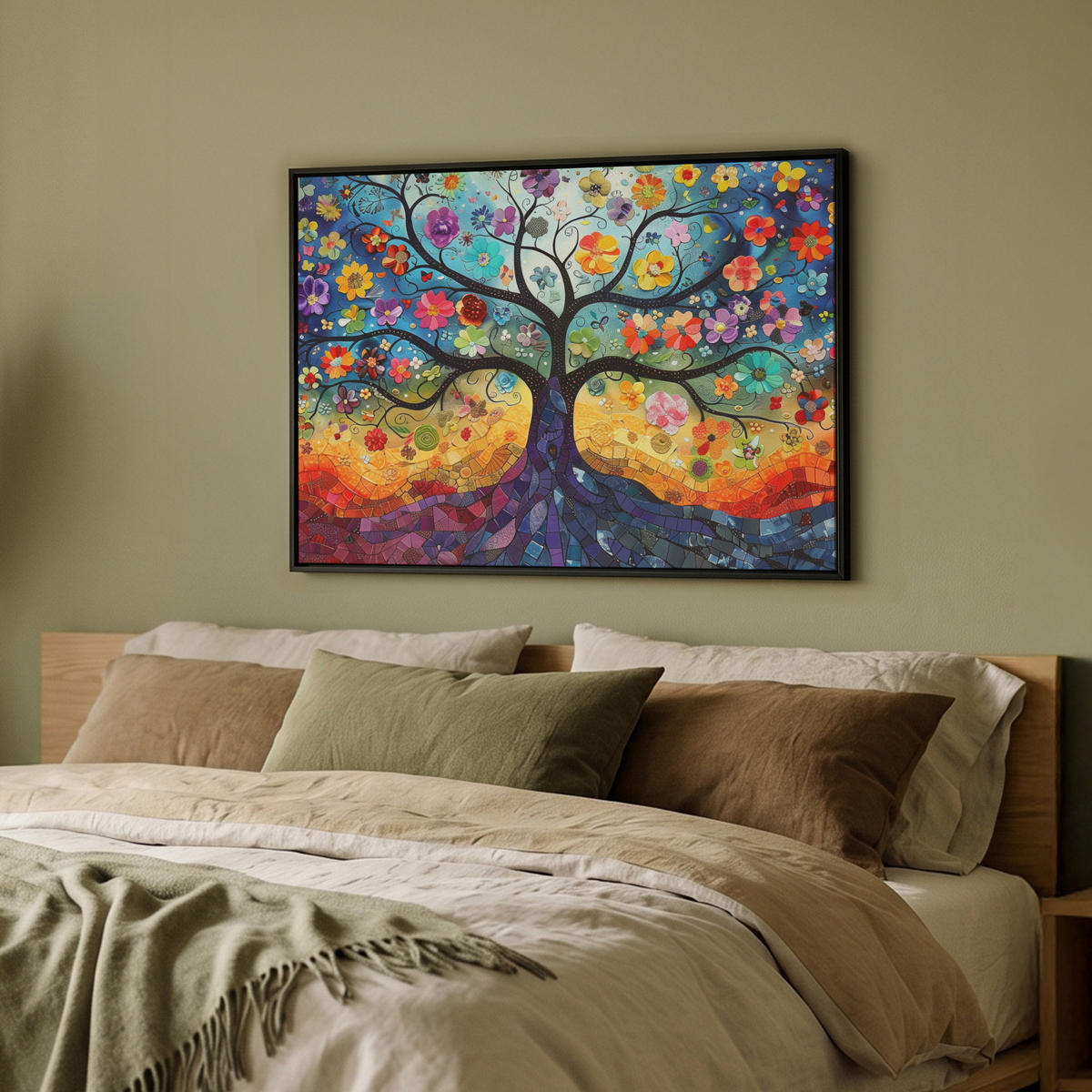LEINWAND Bilder mit Rahmen - Kunst - Baum des Lebens - Blumen - Hippie - 70x50 - Dunkelblau, Textil (70/50cm) - MuchoWow