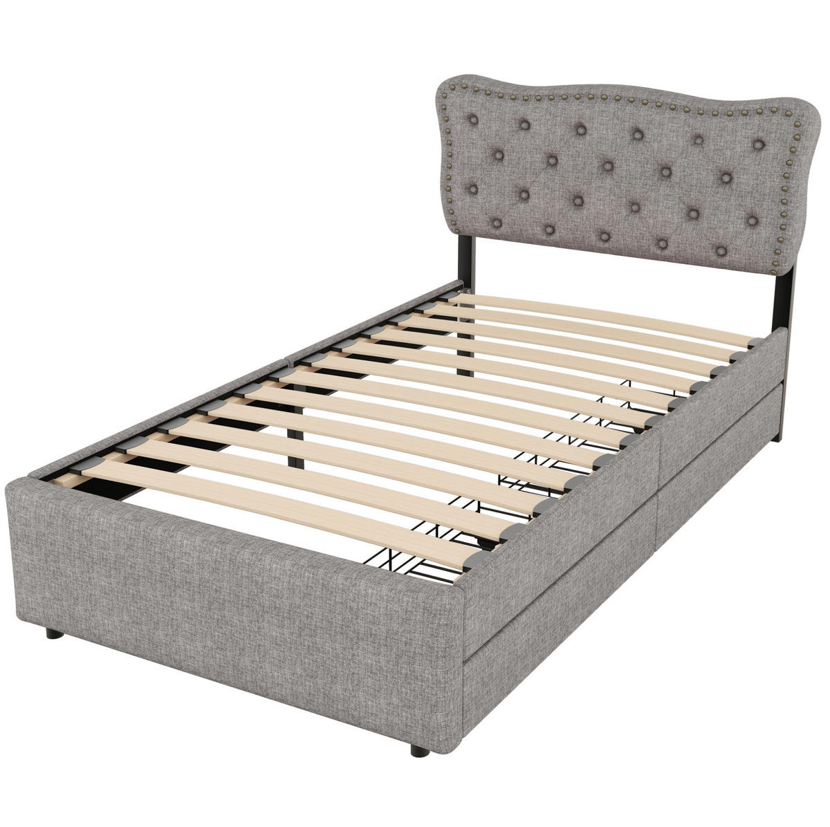 POLSTERBETT 90/200 cm mit 2 Schubladen, verstellbarem Kopfteil und Ziernieten, Grau - Grau, Holzwerkstoff (90/200cm) - Redom
