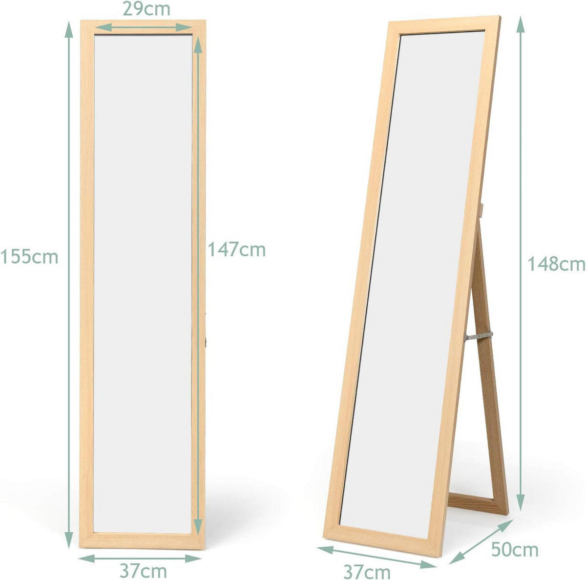 STANDSPIEGEL mit Holzrahmen Holz - Naturfarben, Glas (50/155/37cm) - COSTWAY