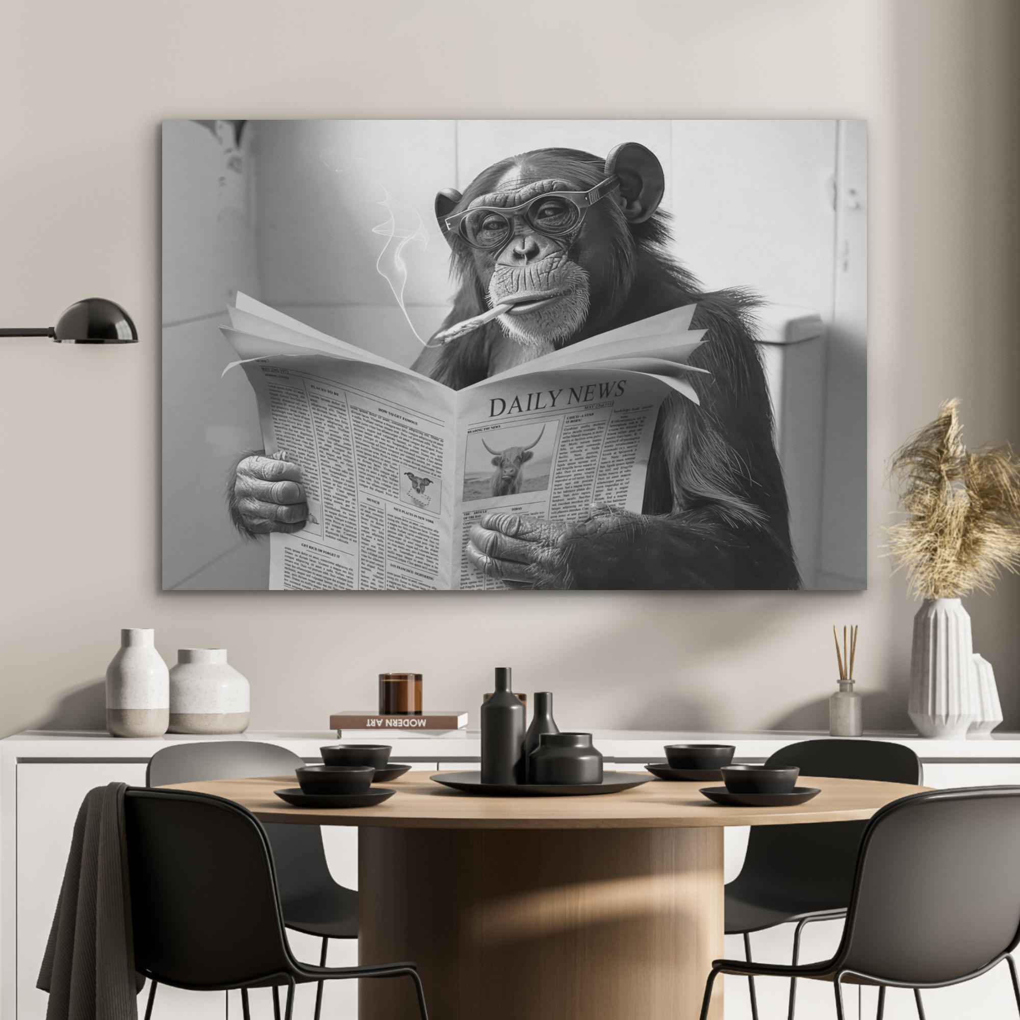 AKUSTIKPANEEL Affe - WC - Zeitung - Schwarz-Weiß - Humor 100x70 cm - Hellgrau, Textil (100/0.9/70cm) - MuchoWow