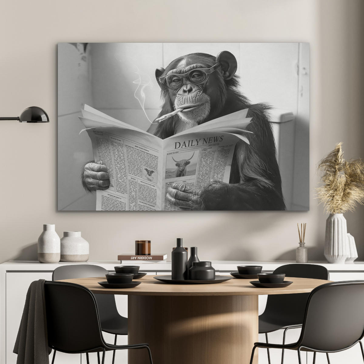 AKUSTIKPANEEL Affe - WC - Zeitung - Schwarz-Weiß - Humor 100x70 cm - Hellgrau, Textil (100/0.9/70cm) - MuchoWow
