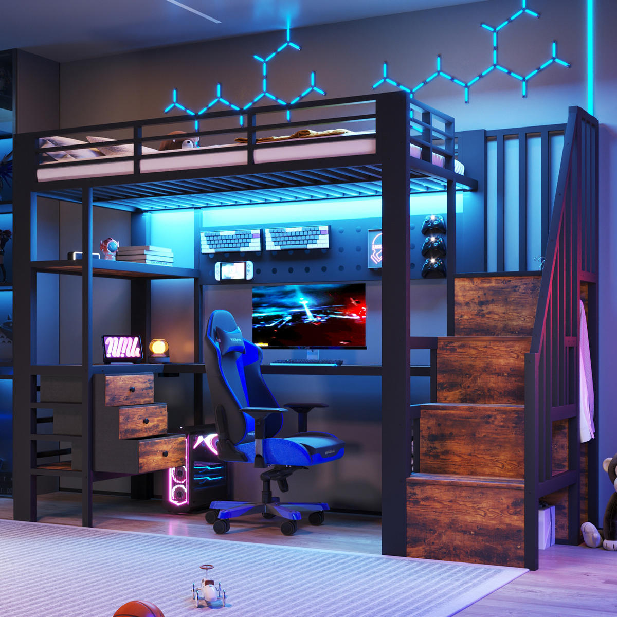 HOCHBETT 90/200 cm aus Metall und MDF mit Schreibtisch, Stauraum, Steckdose und LED-Beleuchtung, Schwarz - Schwarz, Holzwerkstoff (90/200cm) - Redom