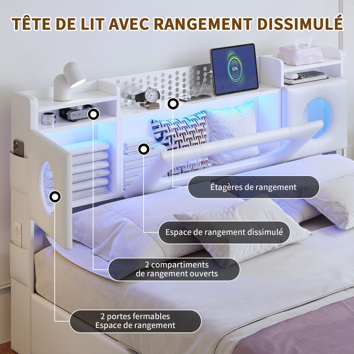 POLSTERBETT 160x200 cm LED USB Lattenrost Stauraum PU weiß - Weiß, Holz (160/200cm) - LEBENLANG