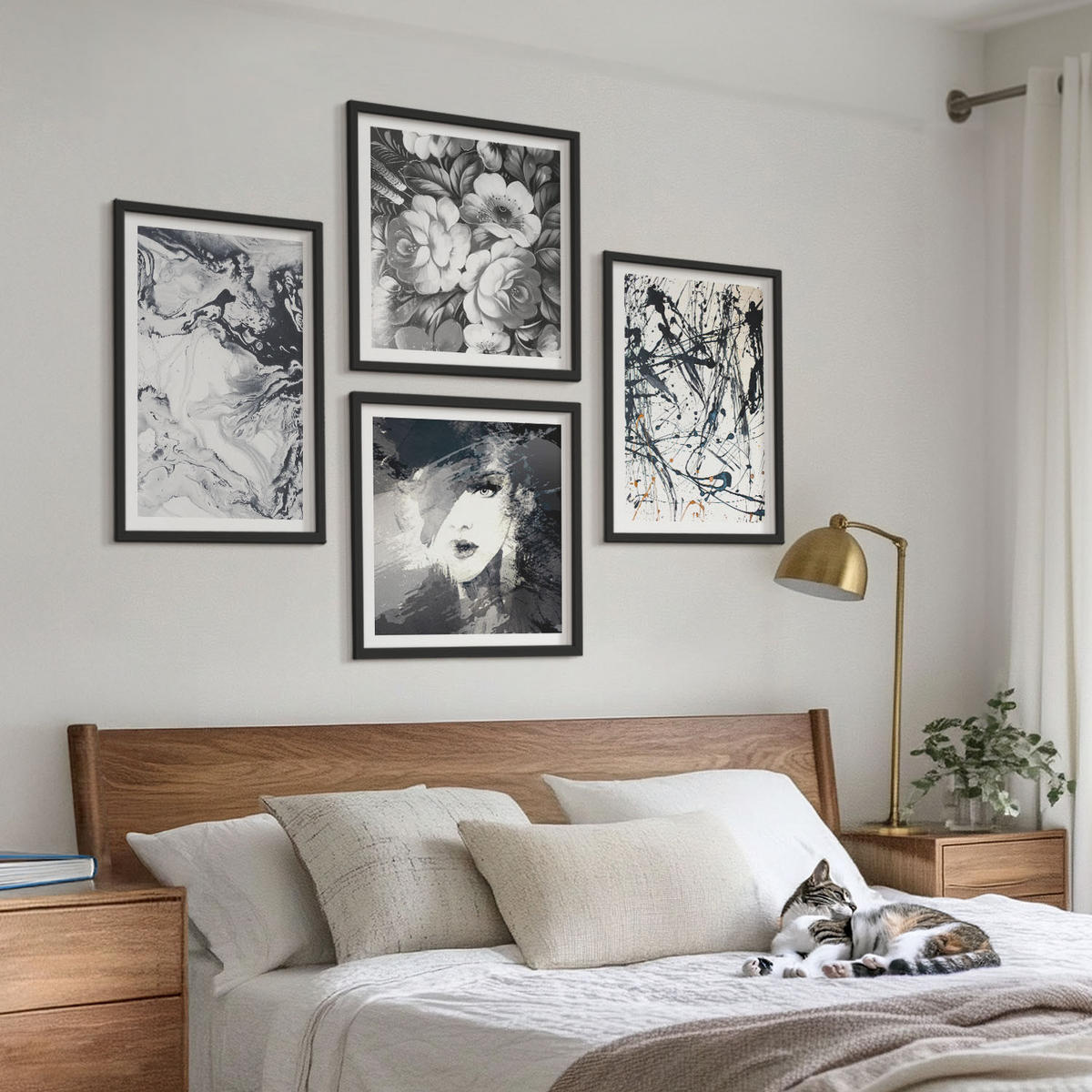 WANDBILDER 4er-Set - 50x50 cm & 40x60 cm Schwarzer Rahmen - Abstrakte schwarz-weiße Muster - Schwarz, Kunststoff (50/50cm) - ArtPrintCave
