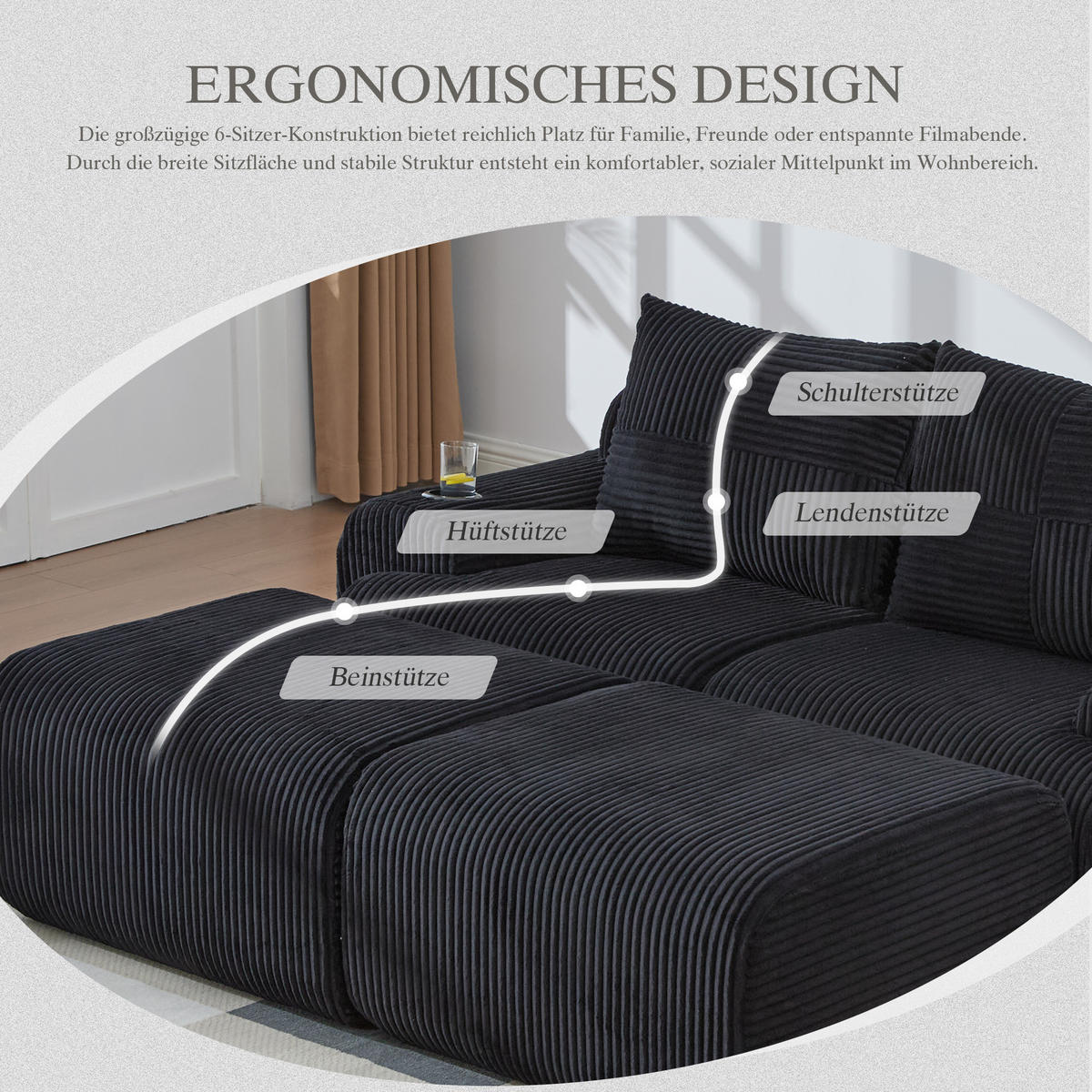 MODULARES 2-Sitzer Sofa Cordstoff mit Getränkehalter und Seitentasche 200/174/80 cm Schwarz - Schwarz, Textil (174/80/200cm) - Redom