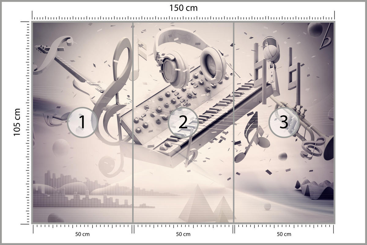 FOTOTAPETE für Jugendzimmer Modern Kollage Musik Klavier Noten Kopfhörer 150x105 - Grau, Papier (150/105cm) - Muralo