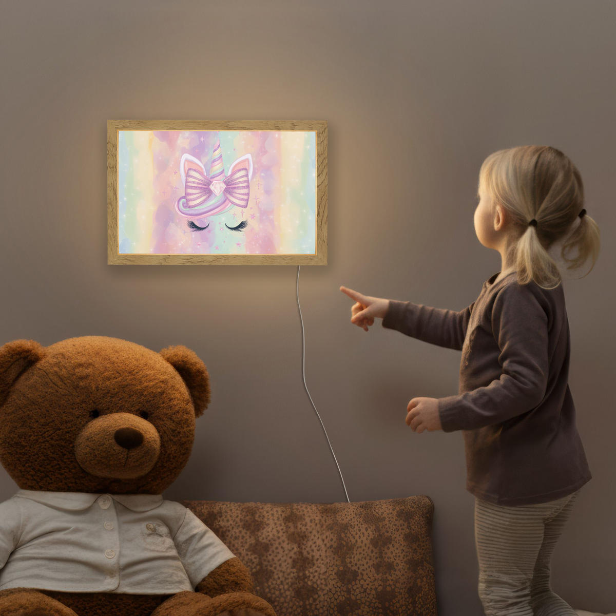 NACHTTISCHLAMPE Einhorn - Glitzer - Regenbogen - Pastell 30x20 cm - Hellrosa, Holzwerkstoff (8/30/20cm)