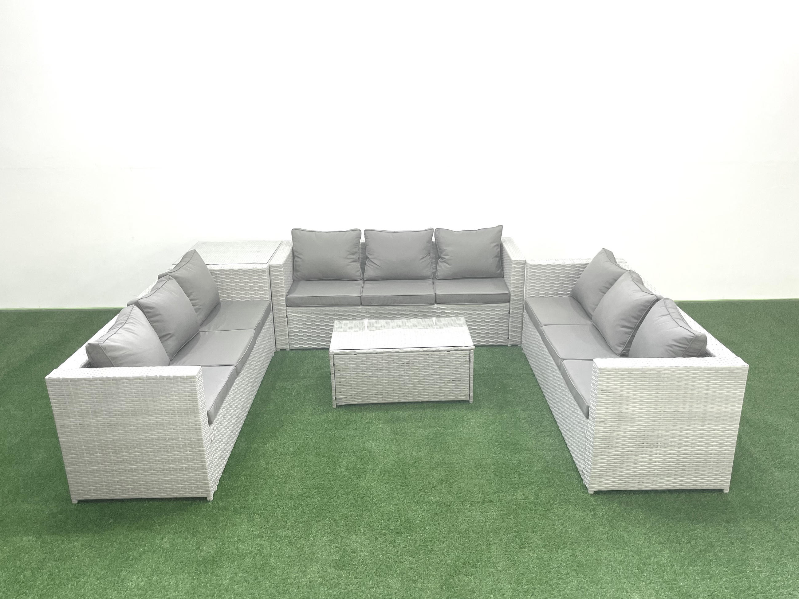 GARTENSET mit 3-SITZER SOFA,COUCHTISCH Polyrattan Hellgrau-Mix 9-Sitzer - Hellgrau/Grau, Glas/Kunststoff - Fimous