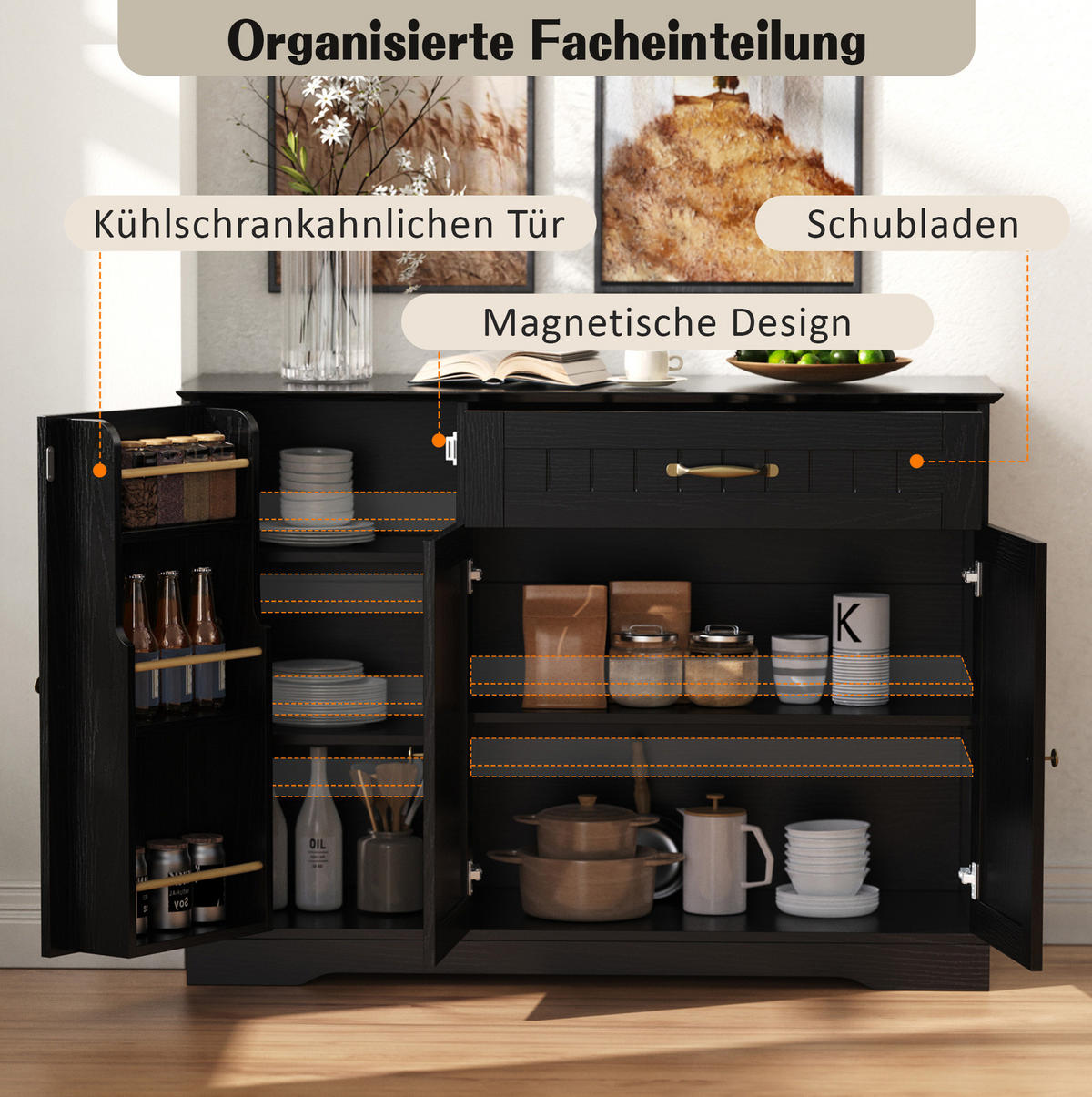 SIDEBOARD mit 3 Türen, Schublade und verstellbaren Einlegeböden, MDF Schwarz - Schwarz, Holzwerkstoff (107/83.4/40cm) - Redom