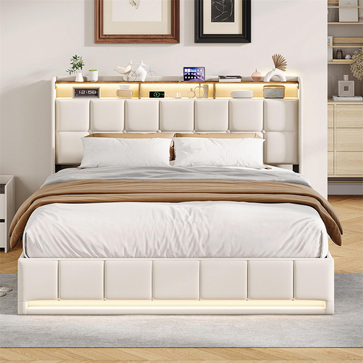 POLSTERBETT 160x200 cm mit LED-Beleuchtung und hydraulischem Stauraum - ohne Matratze - Beige - Beige, Textil (160/200cm) - DELFA