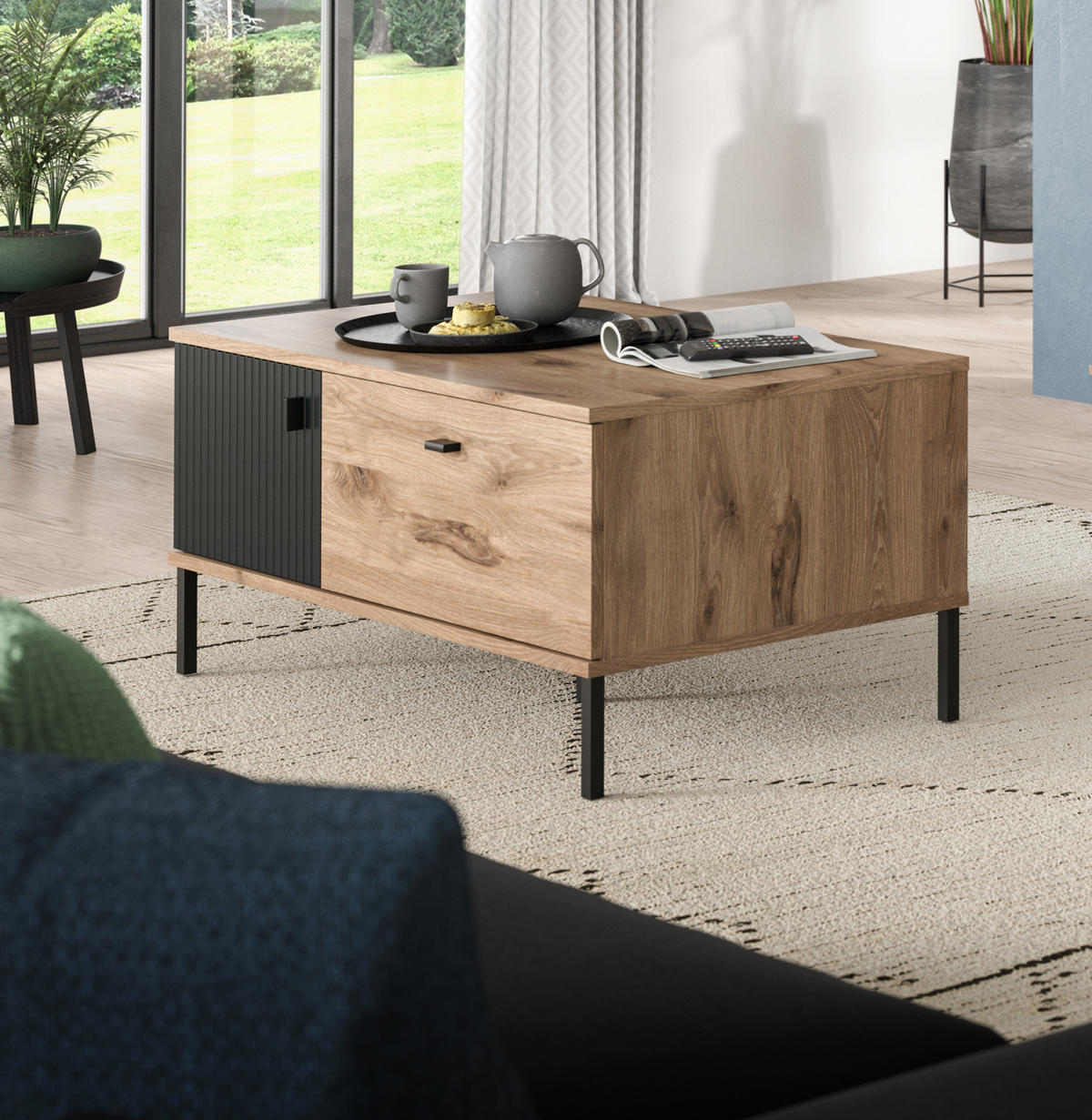 COUCHTISCH CHESS (B/H/T: ca. 100/48/60 cm) in Nox Oak Nachbildung/schwarz - Eichefarben, Holzwerkstoff (60/100/48cm)