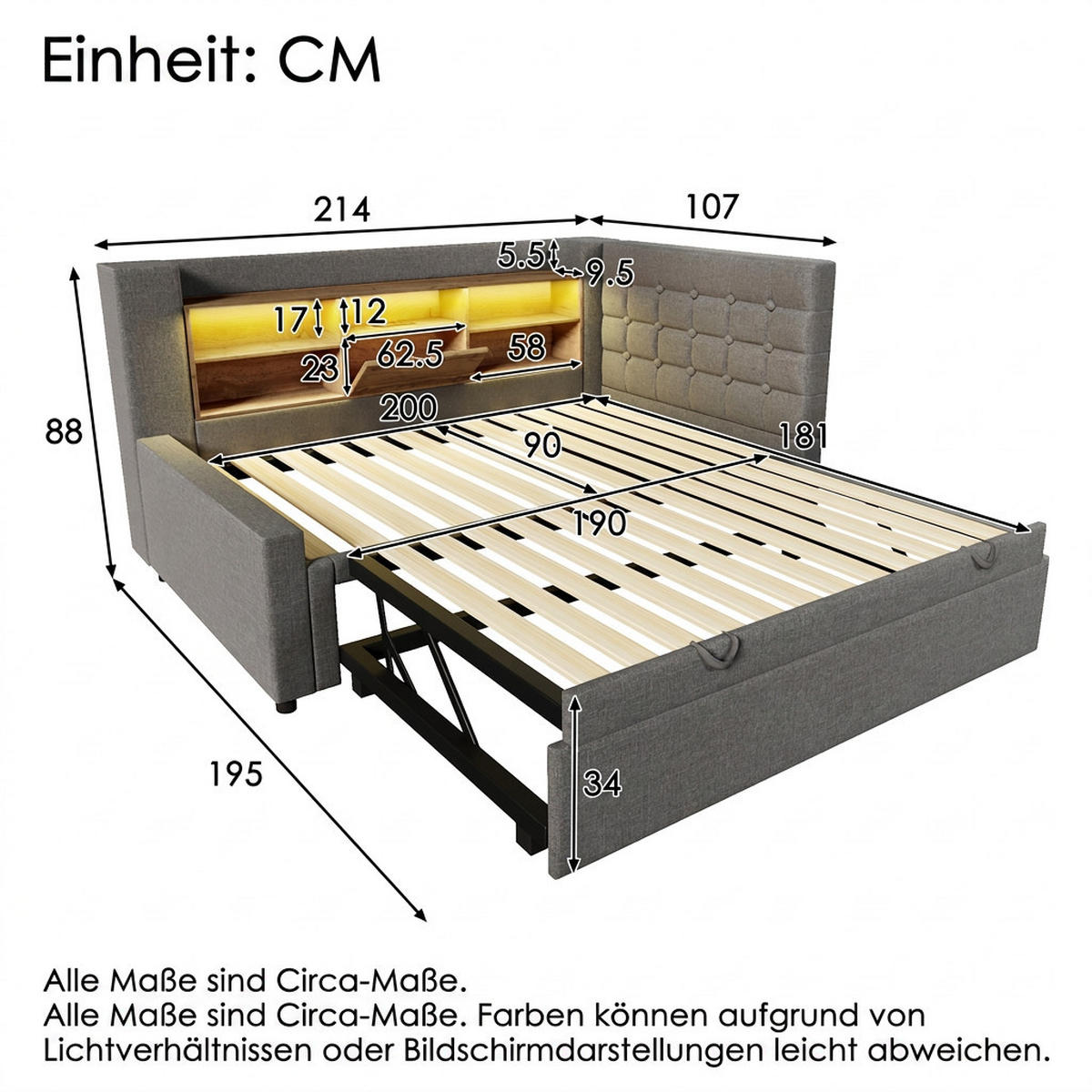 POLSTERBETT 90/200 cm Grau mit Ausziehbett 90/190 cm LED-Beleuchtung und Stauraum (Ohne Matratze) - Grau, Textil (90/200cm) - Oxeza
