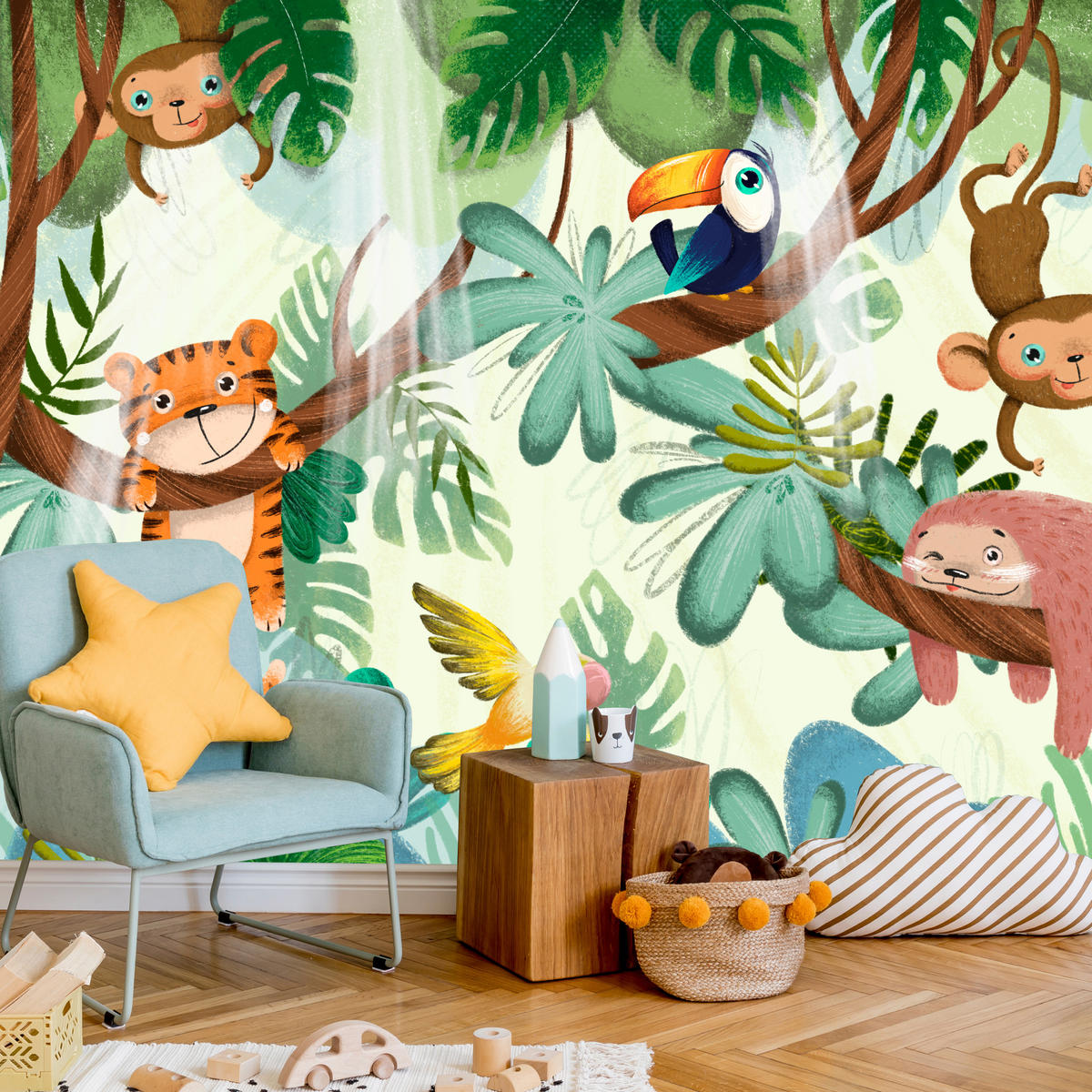 FOTOTAPETE für Kinderzimmer Süße Dschungeltiere Monstera Affen Tiger Vogel 200x140 - Gelb/Beige, Papier (200/140cm) - Muralo