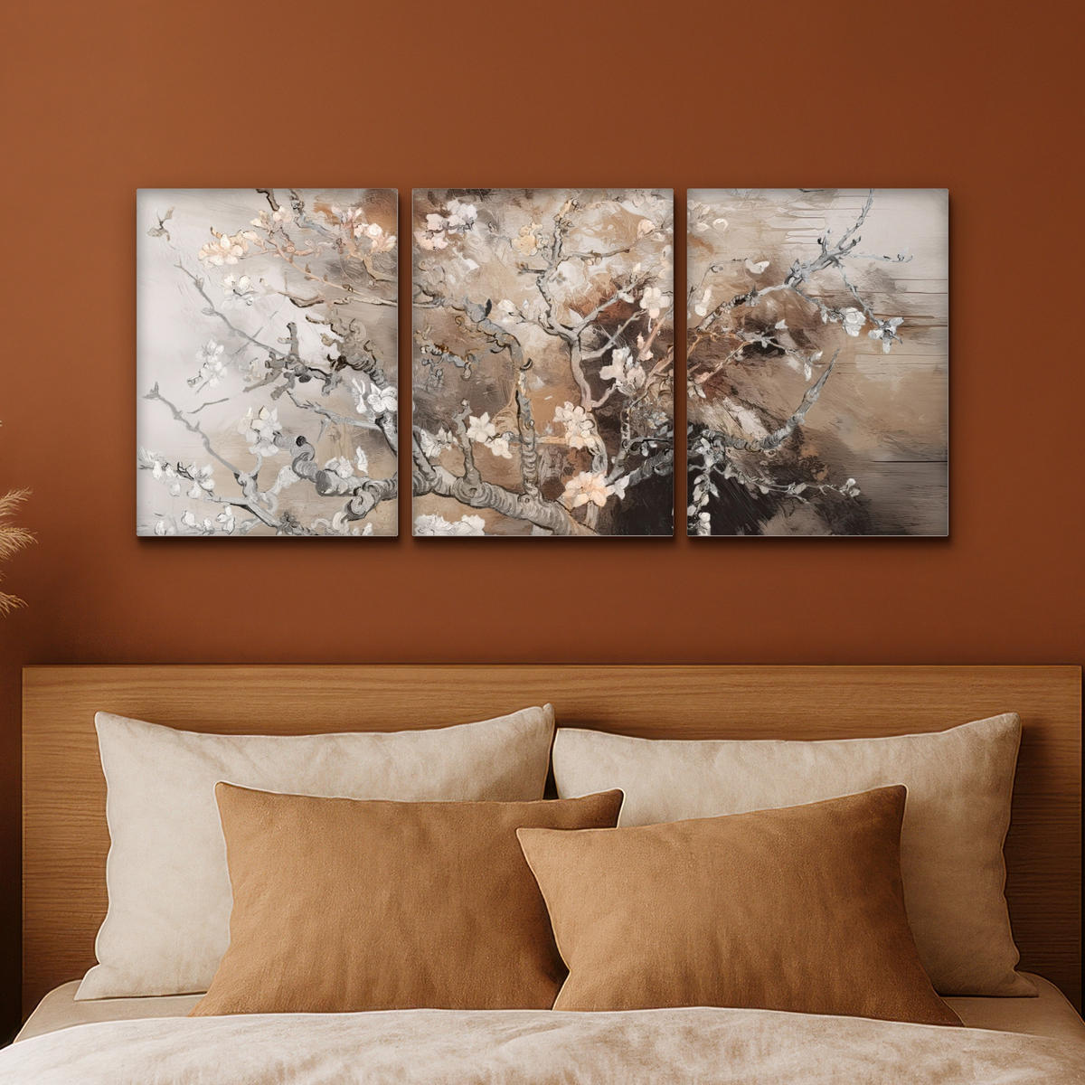 LEINWANDBILD 3er Set Mandelblüte - Abstrakt - Beige 90x40 cm - Beige, Textil (90/40cm) - MuchoWow