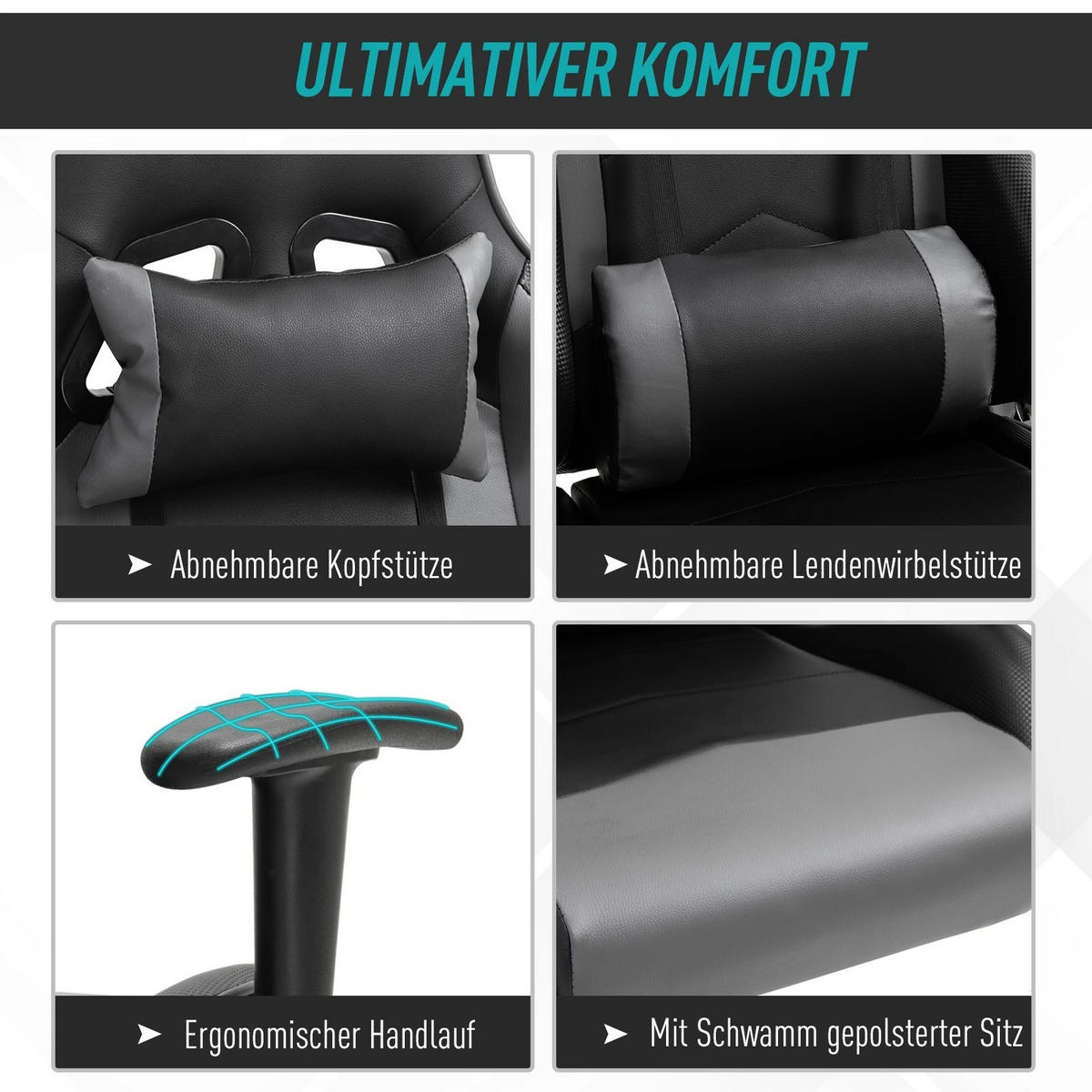 GAMING Stuhl, ergonomischer Bürodrehstuhl mit Kopf- und Lendenkissen, neigbarer Rückenlehne, Schwarz - Schwarz, Leder (53/126/67.5cm) - BRILVERDE