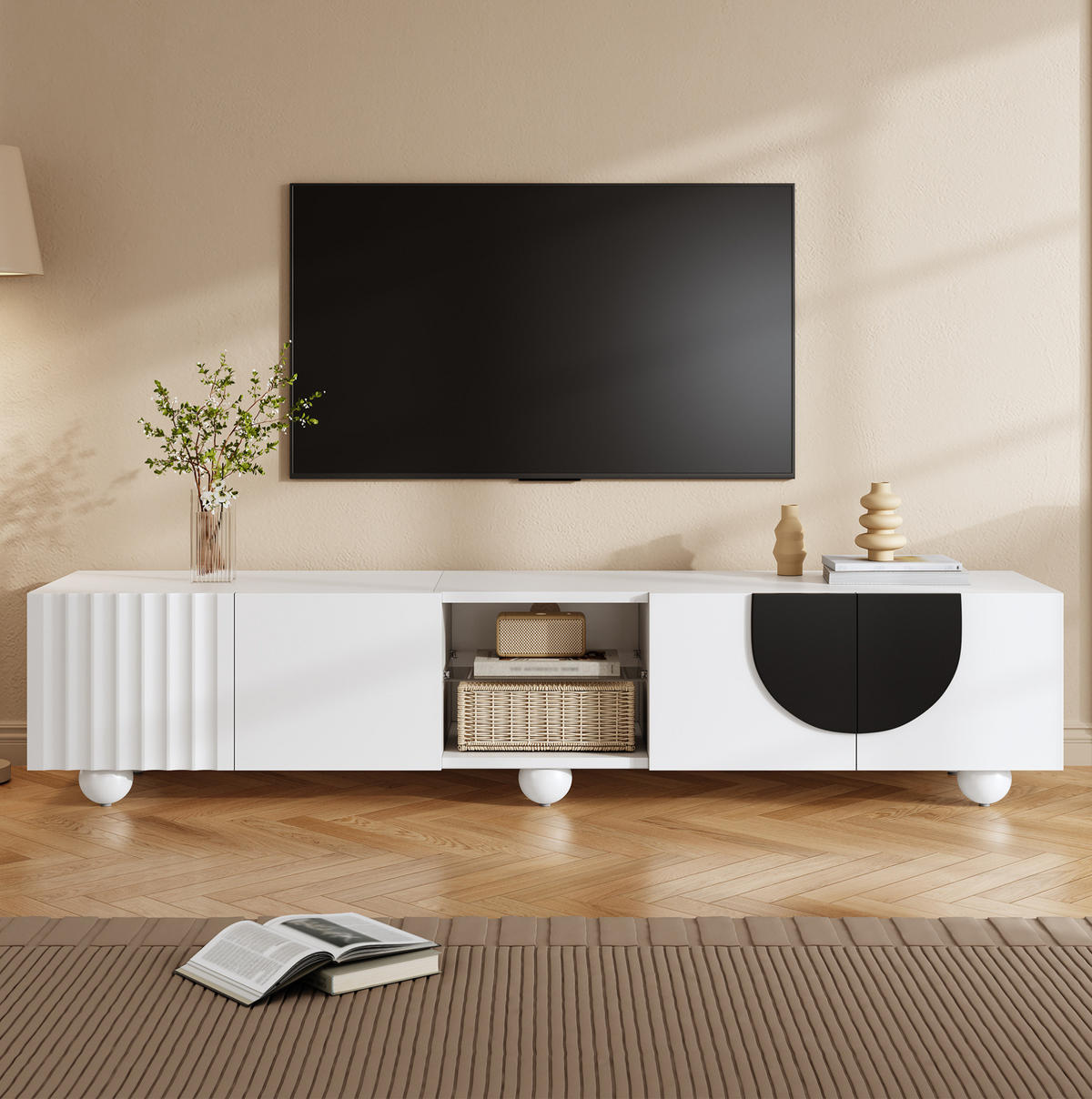 TV stolek 180/40/41,5 cm s push-to-open, otevřeným středovým prostorem a stabilními nožkami, Bílá - bílá, kompozitní dřevo (180/41.5/40cm) - Redom