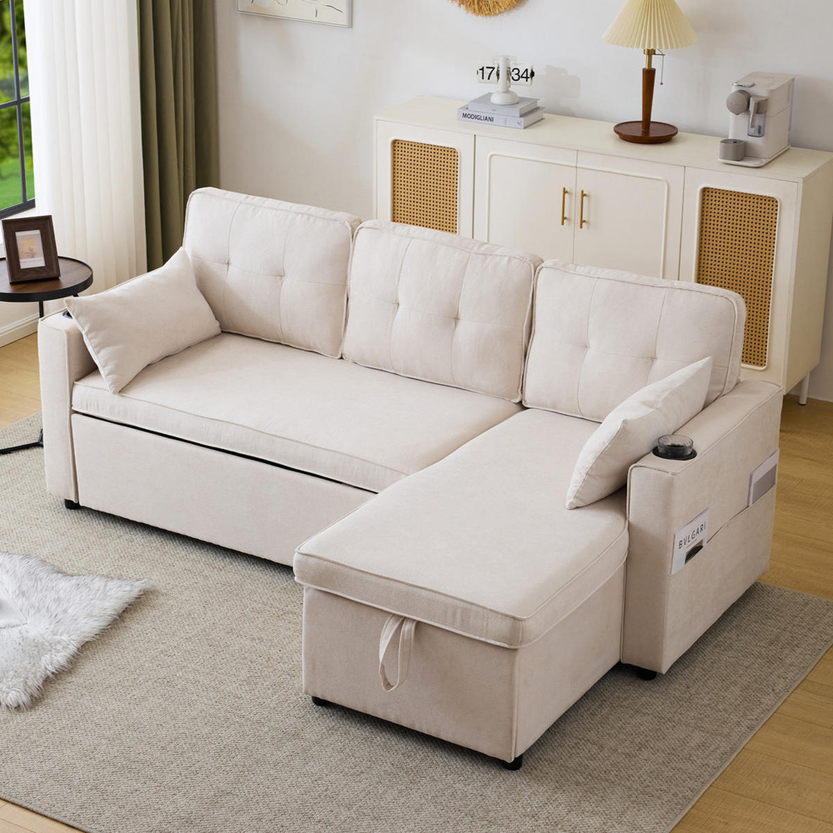 ECKSOFA L-Form Bettfunktion Stauraum Getränkehalter wechselseitig Beige - Beige, Holz (74/44/62cm) - FLIEKS