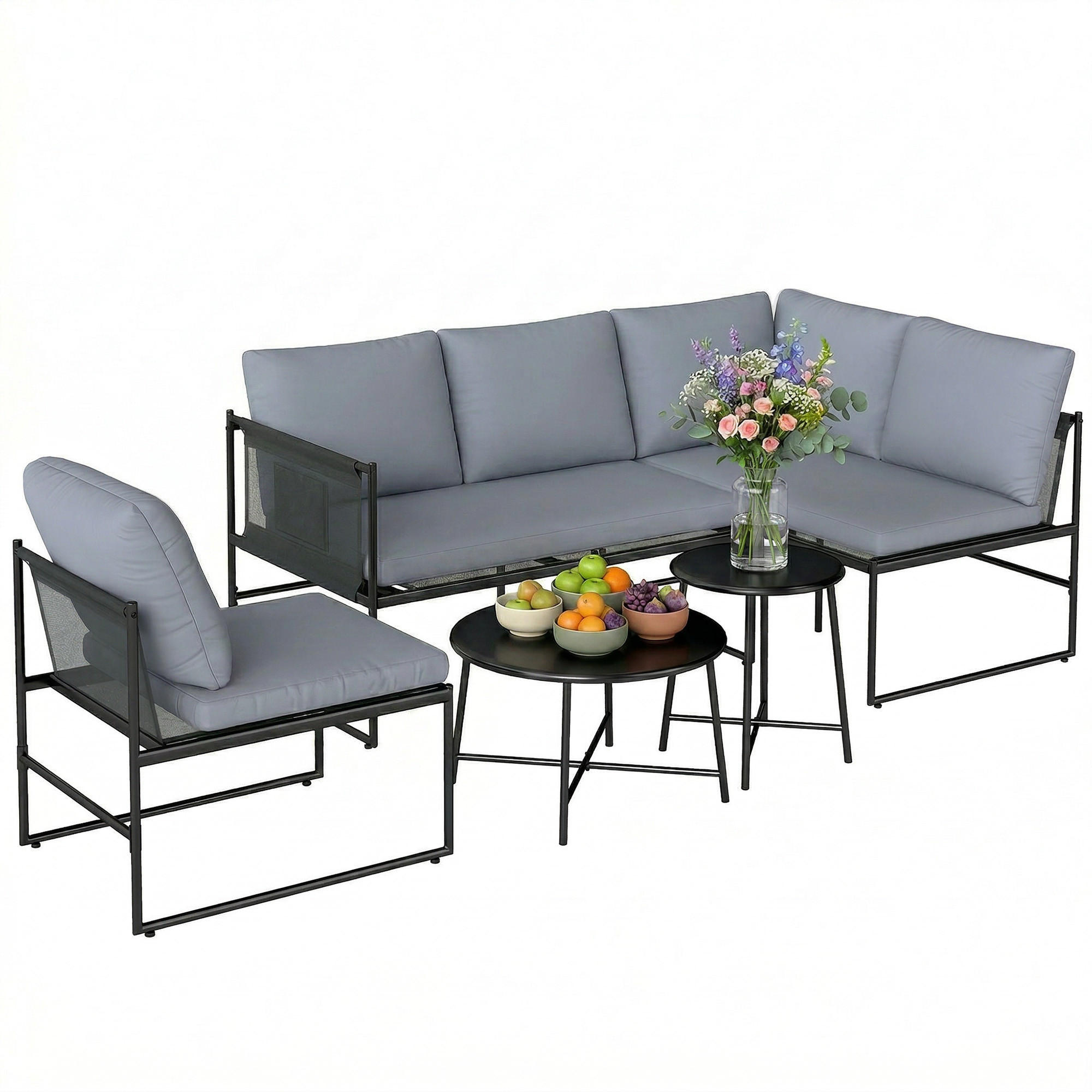 LOUNGE GARTENMÖBEL SET DE-06611 4-5 Personen, Couchtisch, Stuhl, dick waschbare Kissen - Dunkelgrau, Textil/Metall - ComfortXL